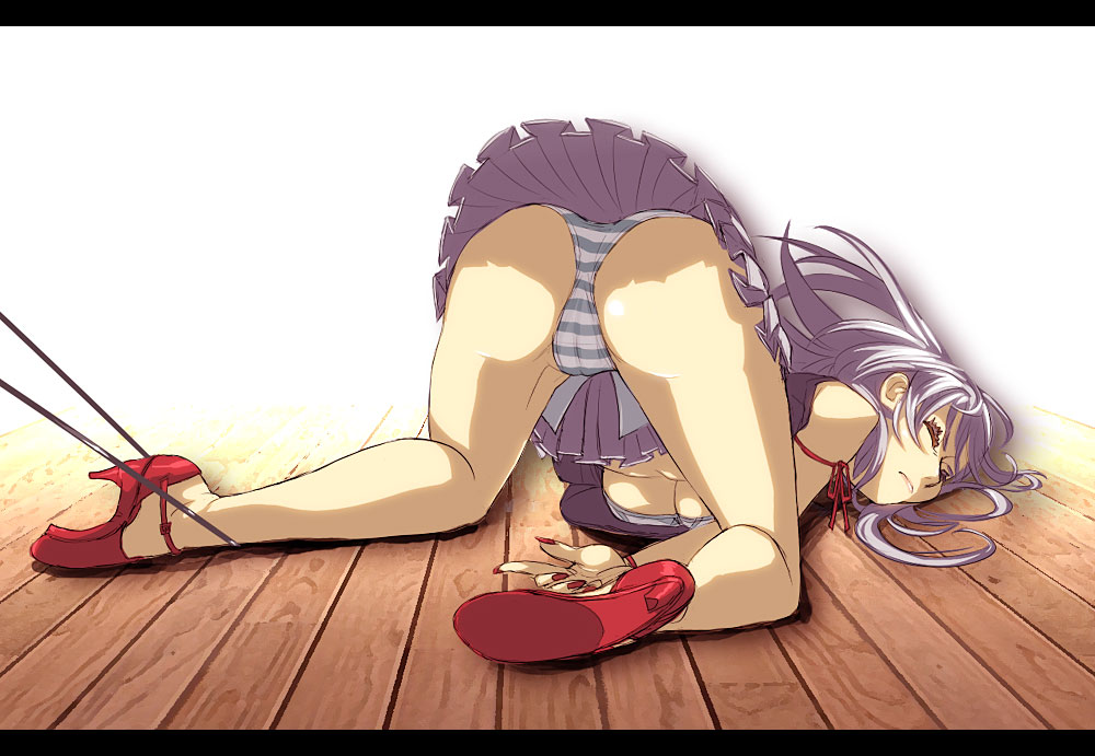 okina, original, 1girl, ass, bra, breasts, cameltoe, closed eyes, fall, falling, female focus, fingernails, large breasts, letterboxed, lingerie, long fingernails, nail polish, panties, red nails, solo, striped clothes, striped panties, top-down bottom-up, tripping, underboob, underwear, upshirt, upskirt, white hair