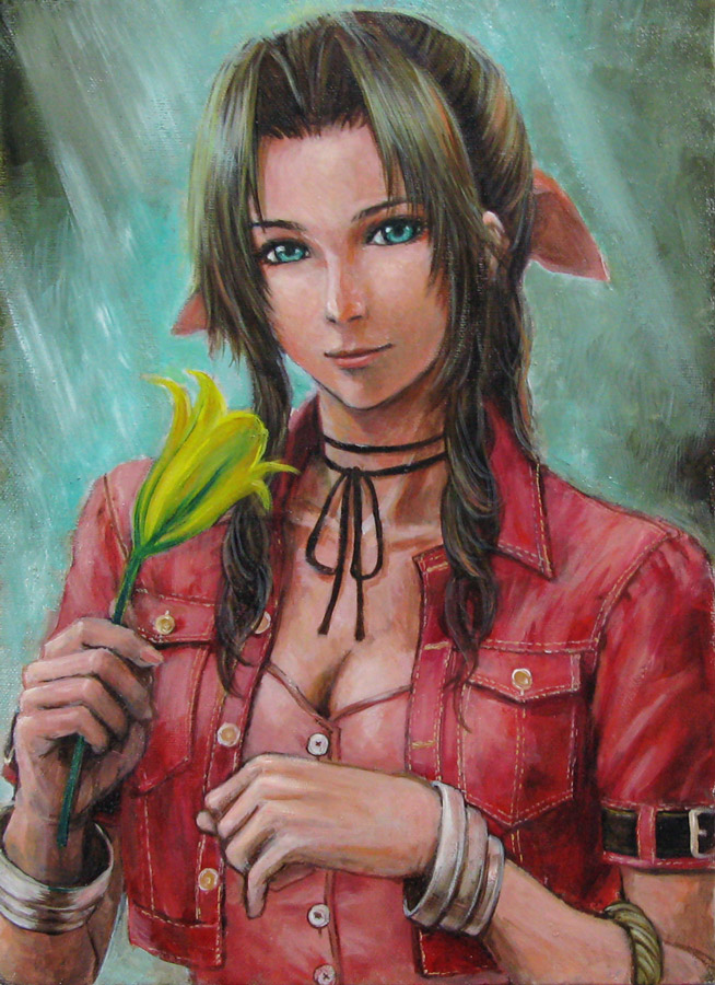 tafuto, aerith gainsborough, final fantasy, final fantasy vii, bad id, bad pixiv id, oil painting (medium), painting (medium), traditional media, 1990s (style), 1girl, aqua eyes, bow, breasts, brown hair, cleavage, female focus, flower, hair ribbon, jacket, large breasts, long hair, pink bow, retro artstyle, ribbon, smile, solo