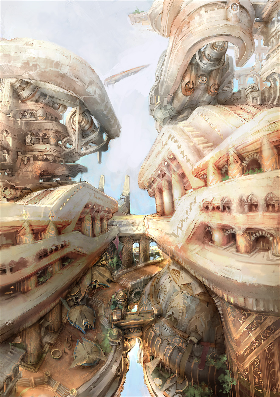 sukiyoshi (skiaki), original, mechanical, bad id, bad pixiv id, highres, panorama, cityscape, day, epic, floating, no humans, scenery, science fiction, sky
