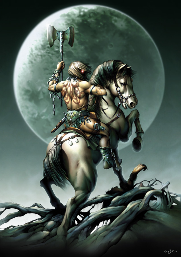 cacn, original, bad id, bad pixiv id, axe, barbarian, double bladed axe, fantasy, glowing, horse, horseback riding, moon, realistic, red eyes, riding, tattoo, weapon