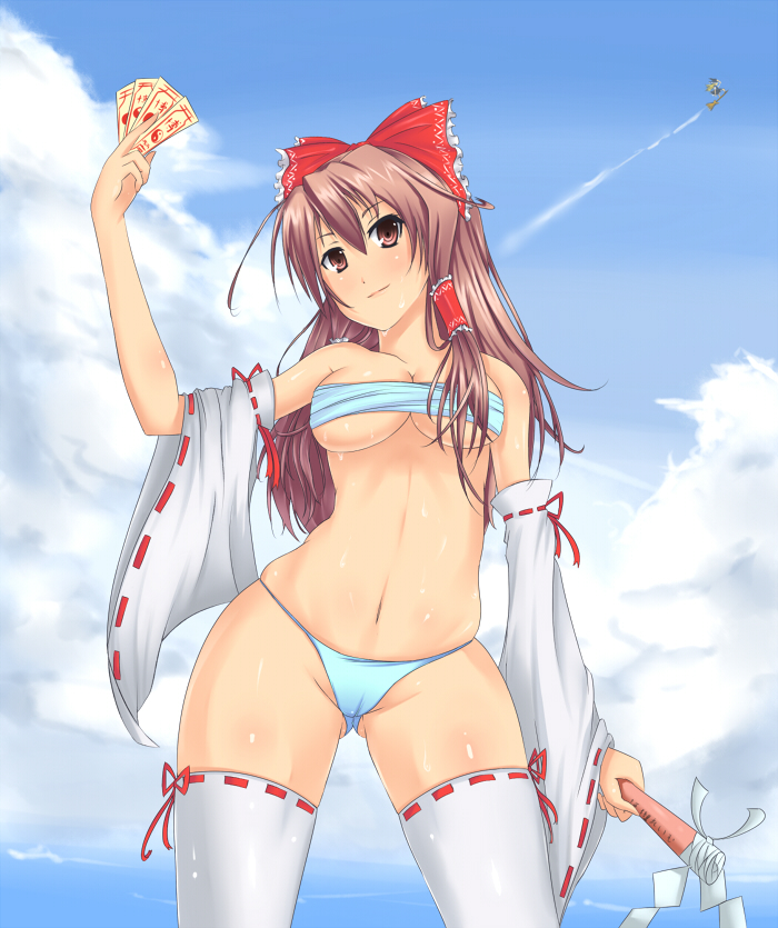 s-pot, hakurei reimu, kirisame marisa, touhou, 2girls, bow, broom, broom surfing, brown eyes, brown hair, cameltoe, day, detached sleeves, female focus, gohei, hair bow, hip focus, multiple girls, ocean, ofuda, outdoors, panties, sarashi, sky, swimsuit, thighhighs, thong, underwear, water, wide hips, witch
