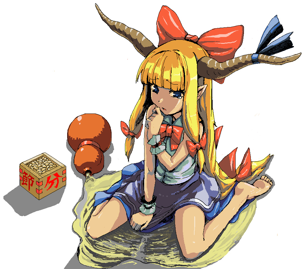 satetsu, ibuki suika, touhou, 1girl, alcohol, barefoot, beans, blonde hair, female focus, gourd, hair ribbon, horns, mamemaki, masu, oekaki, peeing, pointy ears, ribbon, sake, setsubun, sitting, solo, spill, tears, wariza