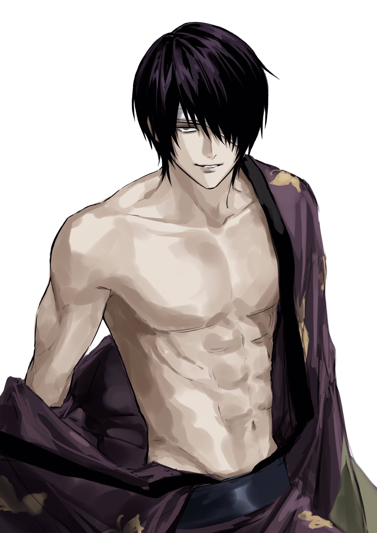 sso s, takasugi shinsuke, gintama, highres, 1boy, abs, bandage over one eye, collarbone, grey eyes, japanese clothes, male focus, navel, no nipples, off shoulder, pectorals, purple hair, short hair, simple background, solo, teeth, upper body, white background