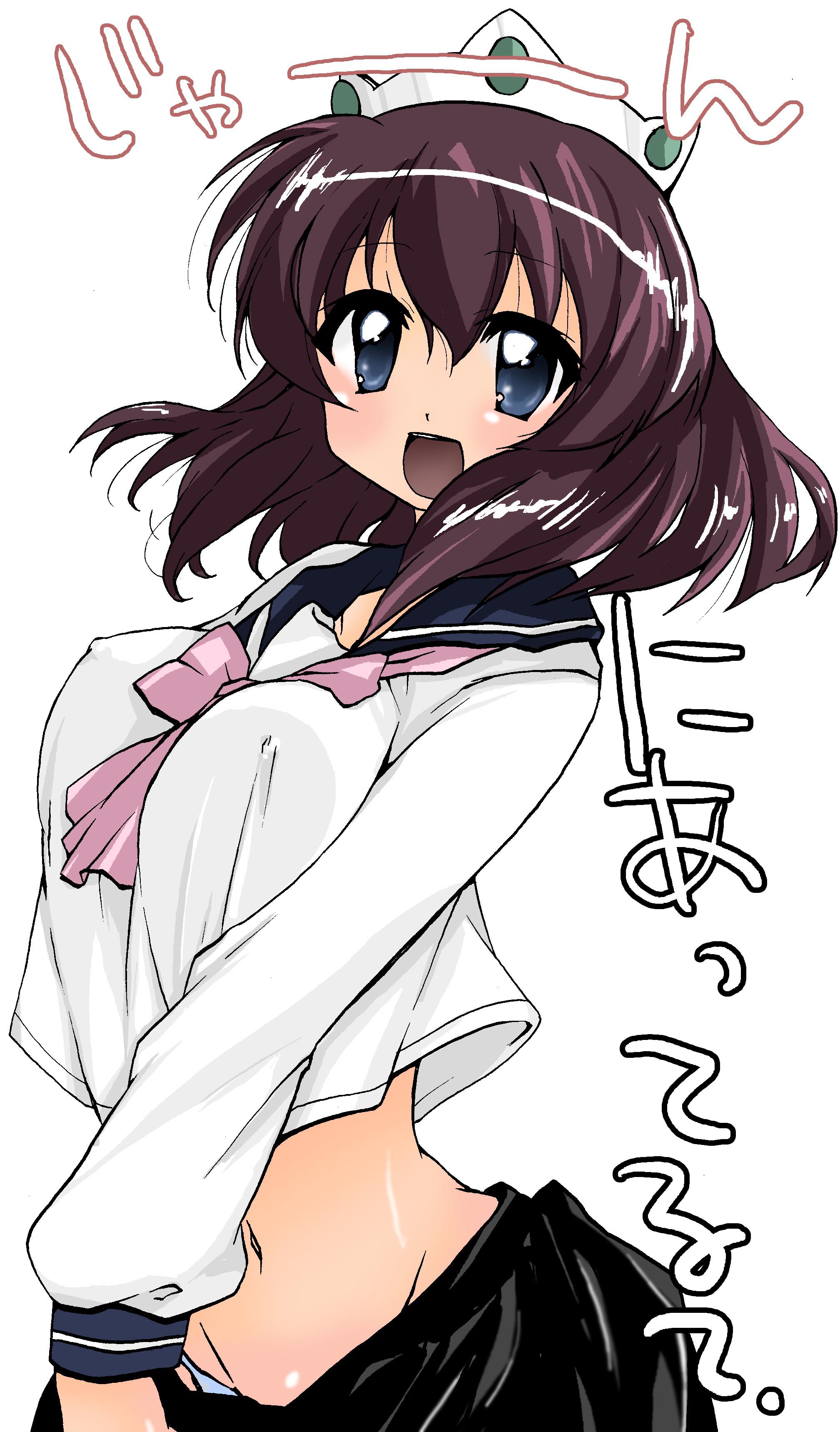 nakamura sandayo, henrietta de tristain, media factory, zero no tsukaima, absurdres, bad id, bad pixiv id, highres, 00s, 1girl, black hair, blue eyes, blush, breasts, cleavage, covered erect nipples, crown, female focus, groin, midriff, navel, panties, pantyshot, purple hair, ribbon, school uniform, serafuku, short hair, skirt, solo, underwear, upskirt