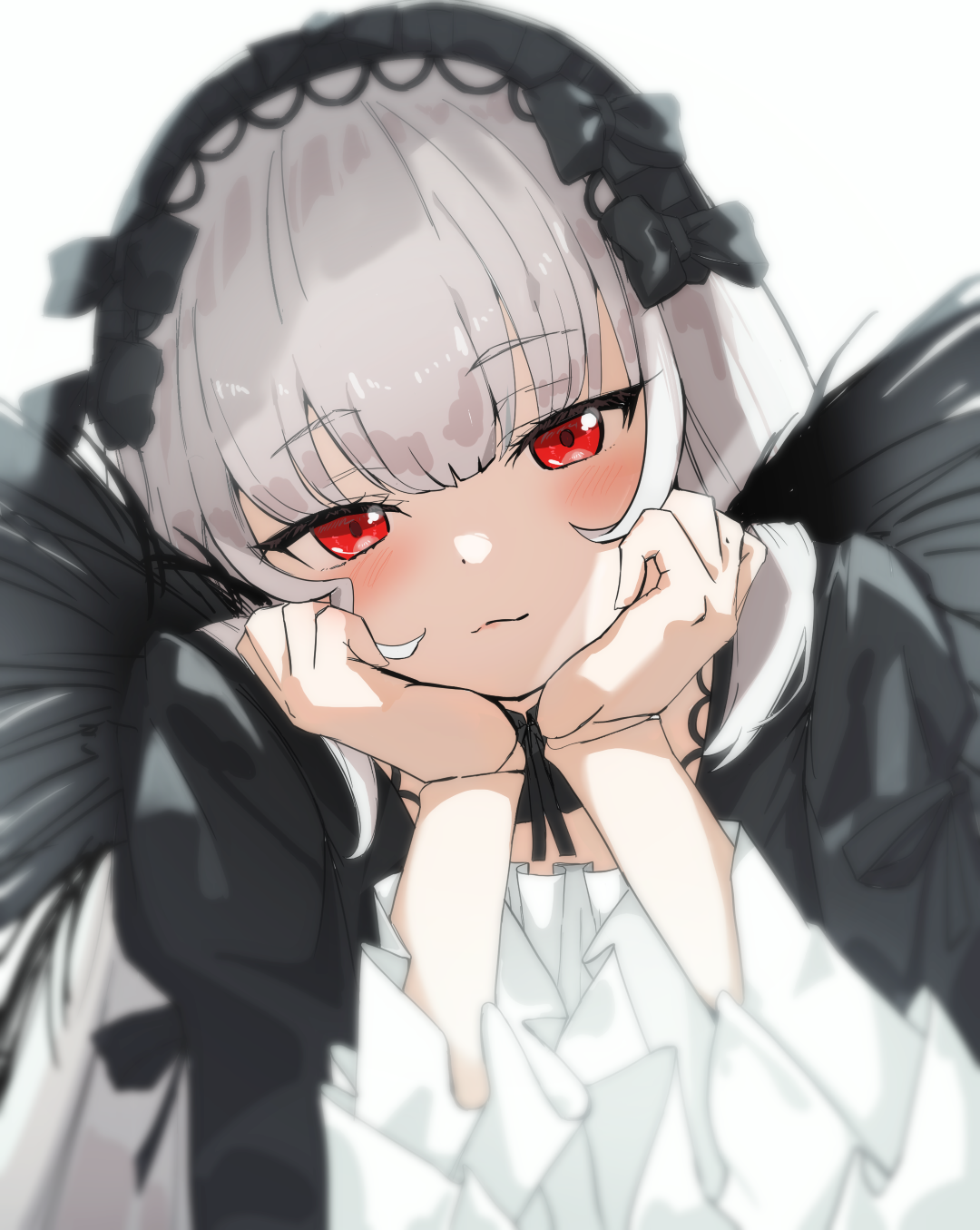 llb, suigintou, rozen maiden, commentary request, highres, 1girl, black dress, black headdress, blush, closed mouth, doll joints, dress, joints, long hair, looking at viewer, red eyes, simple background, solo, white background, white hair