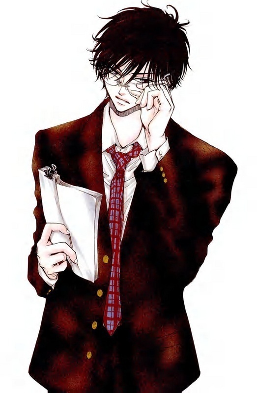 1boy, adjusting eyewear, aruji no oose no mama ni, formal clothes, glasses, male focus, messy hair, necktie, simple background, solo, suit