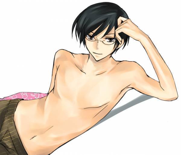 ootori kyouya, ouran high school host club, artist request, source request, 00s, black hair, brown eyes, glasses, lying, male focus, on side, topless male