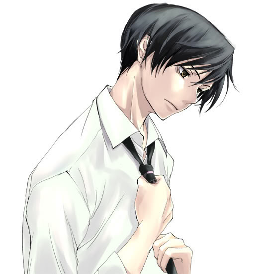 ootori kyouya, ouran high school host club, 00s, 1boy, black hair, brown eyes, male focus, necktie, short hair, simple background, solo