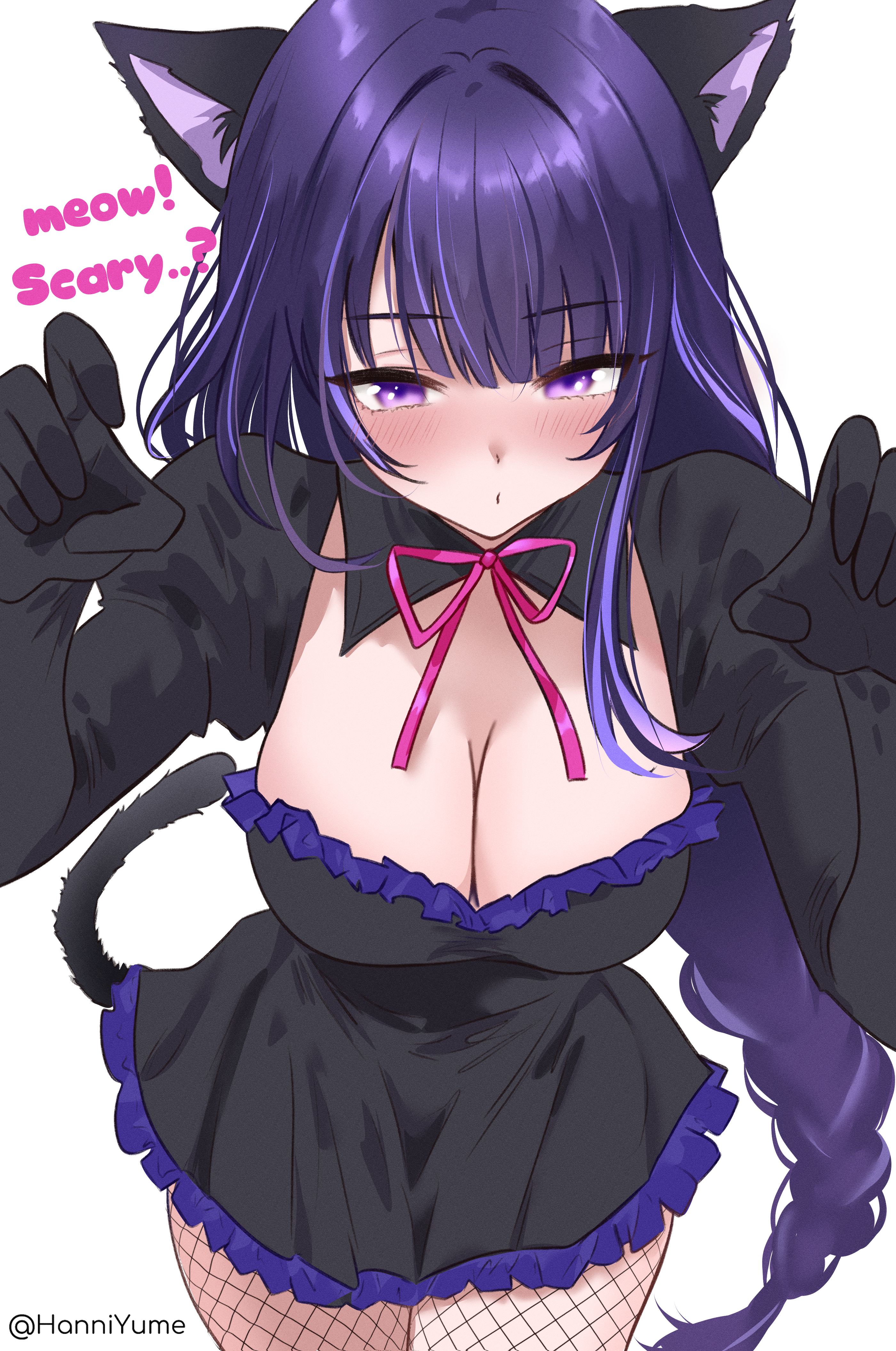 daria (user hktv8452), raiden shogun, genshin impact, absurdres, commentary request, highres, 1girl, animal ears, black dress, blush, breasts, cat ears, cat tail, claw pose, cleavage, dress, english text, fishnet pantyhose, fishnets, kemonomimi mode, large breasts, long hair, looking at viewer, pantyhose, purple eyes, purple hair, simple background, solo, tail, twitter username, very long hair, white background