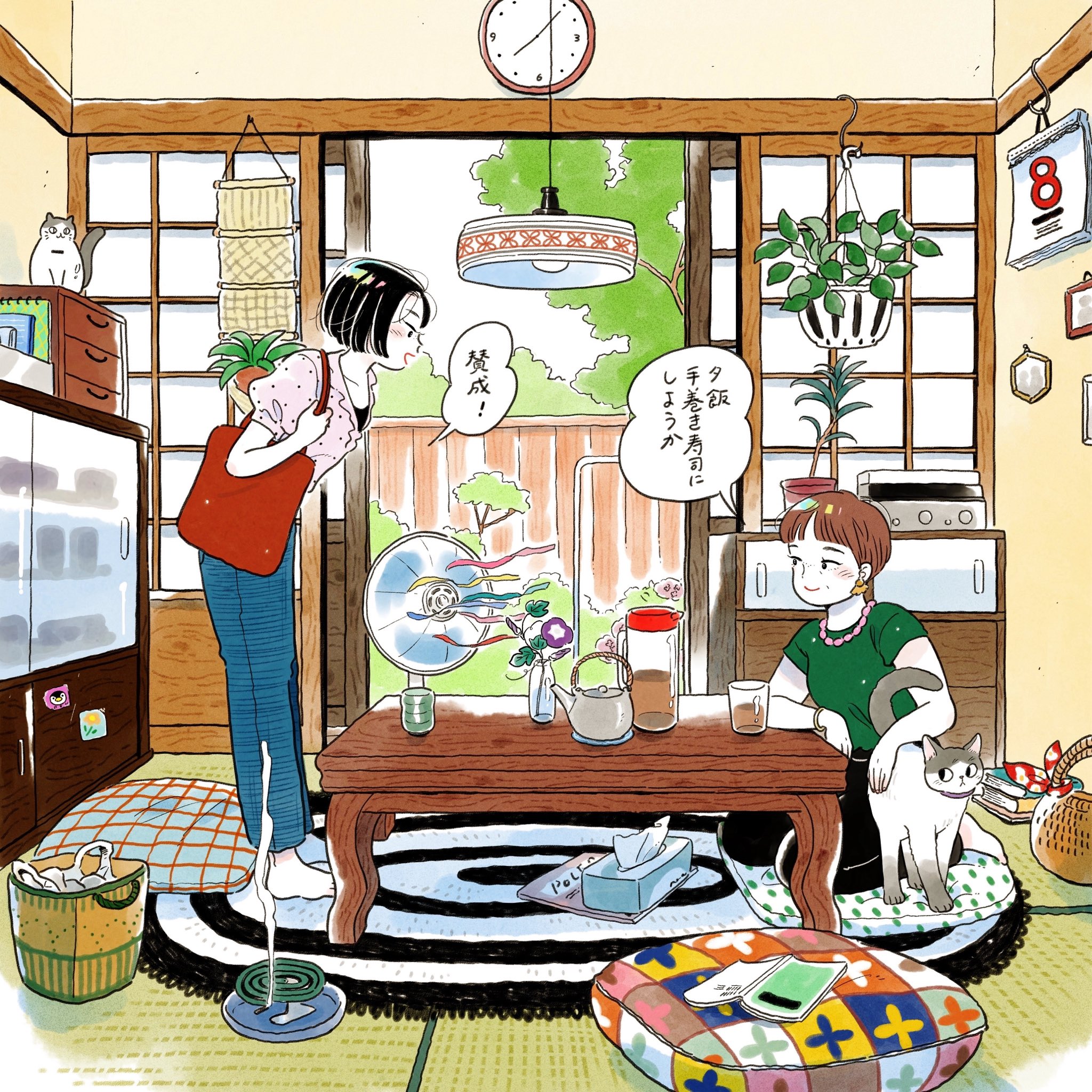 emamemamo33, original, commentary, highres, bag, barefoot, basket, bead necklace, beads, black eyes, black hair, black pants, black shirt, blue pants, blush, bob cut, book, brown hair, bush, cabinet, calendar (object), cat, ceiling light, clock, coffee table, colored skin, cushion, earrings, fence, flower, full body, green shirt, hanging plant, incense, incense burner, indoors, iridescent hair, japan, jewelry, mother and daughter, necklace, on cushion, page-a-day calendar, pants, piggy bank, pink shirt, pixie cut, plant, potted plant, red bag, rug, seiza, shirt, short hair, shouji, shoulder bag, sitting, slice of life, sliding doors, speech bubble, table, tatami, tea, teapot, tissue box, tree, white skin
