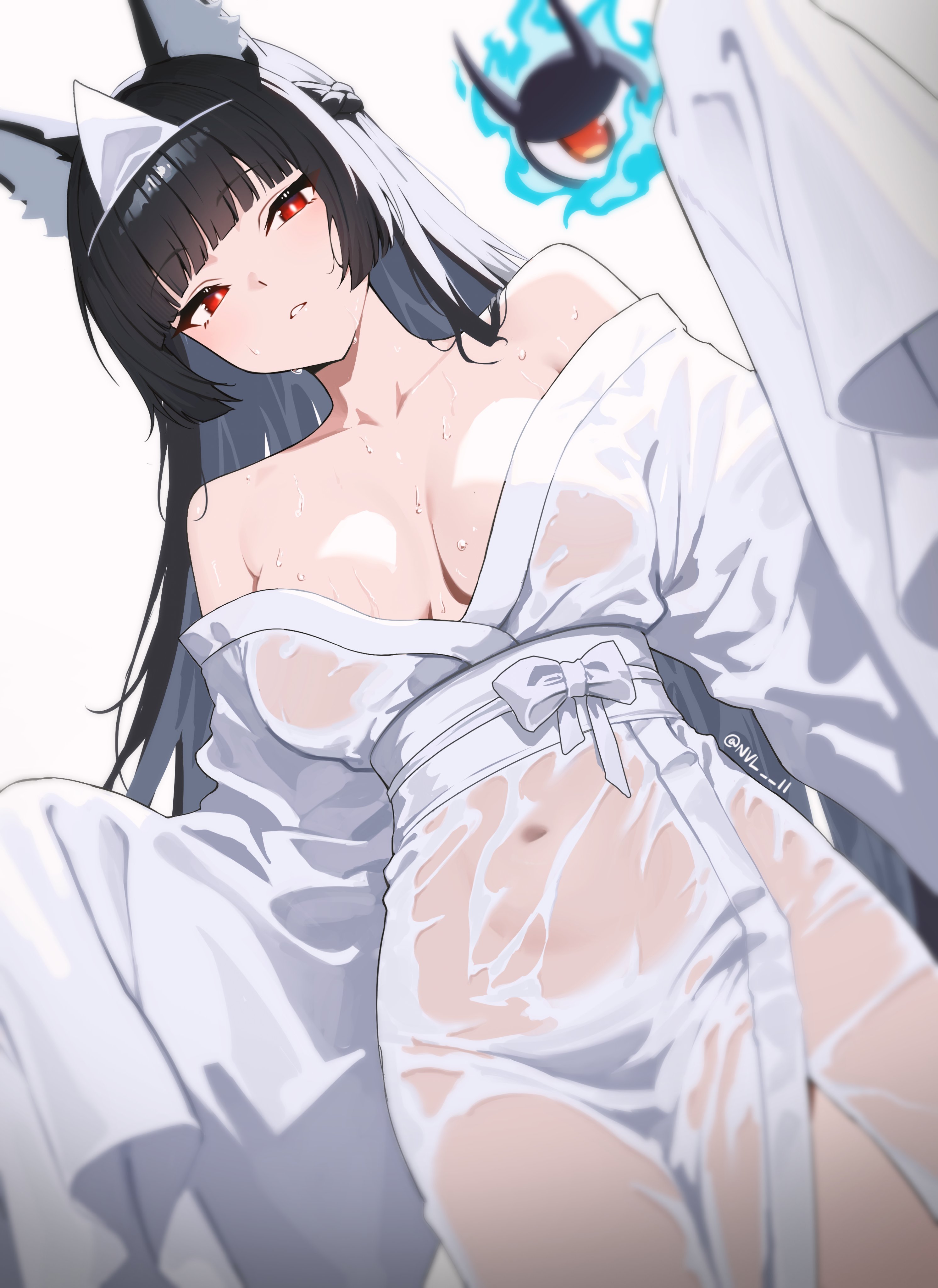 nvl, hoshimi miyabi, tailless (zenless zone zero), zenless zone zero, absurdres, commentary, highres, 1girl, animal ear fluff, animal ears, black hair, blunt bangs, braid, breasts, breasts apart, collarbone, fox ears, fox girl, from below, grey background, half up braid, halloween costume, hands up, large breasts, long hair, long sleeves, looking at viewer, looking down, navel, off shoulder, parted lips, red eyes, robe, simple background, solo, wet, white robe