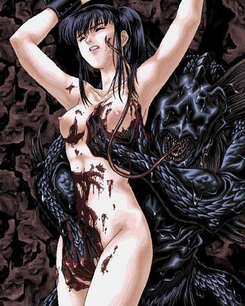 lowres, black hair, blood, breasts, closed eyes, fingering, grabbing another's breast, groping, long hair, monster, mud, nude, rape