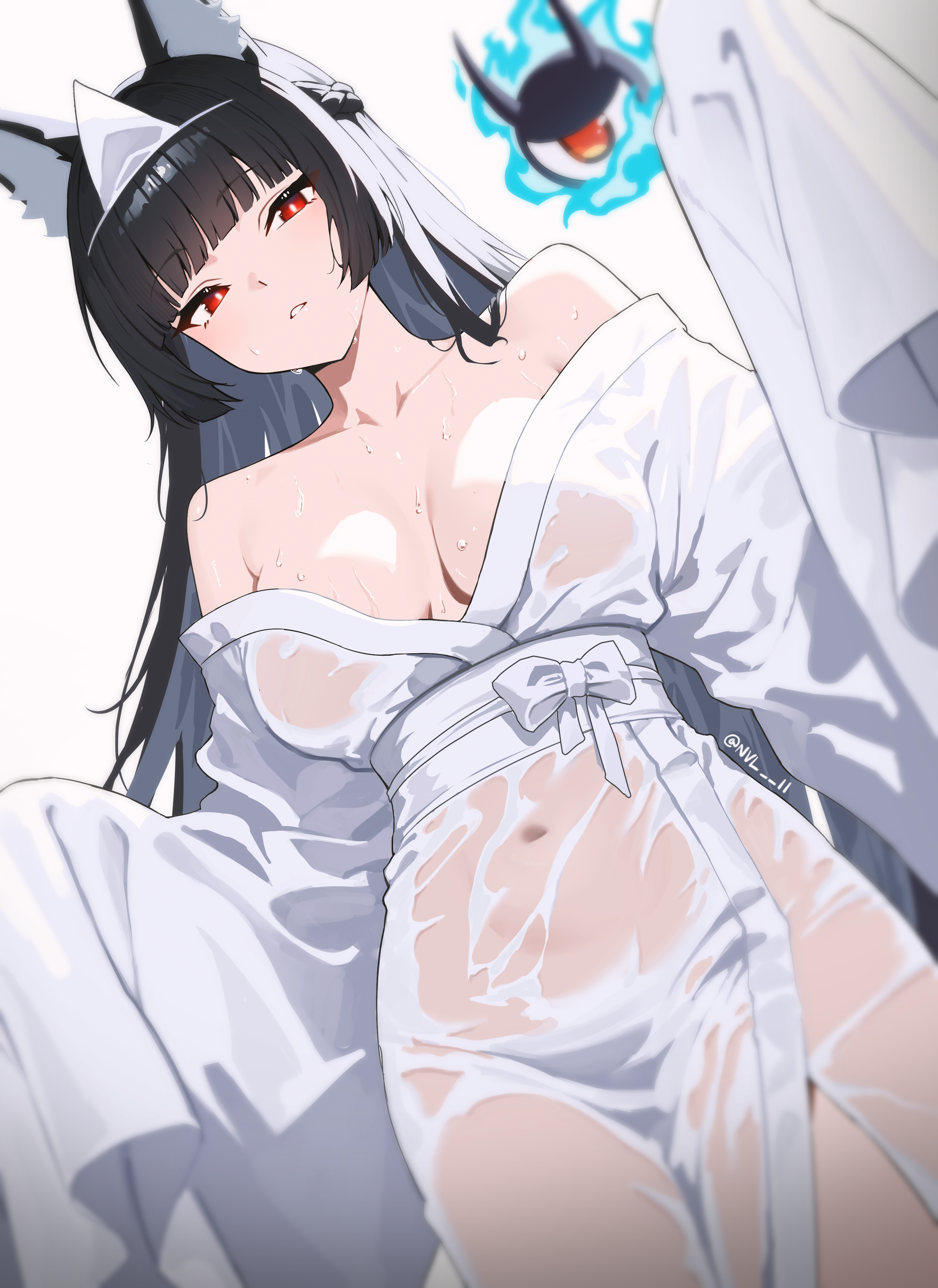 nvl, hoshimi miyabi, tailless (zenless zone zero), zenless zone zero, absurdres, commentary, highres, 1girl, animal ear fluff, animal ears, black hair, blunt bangs, braid, breasts, breasts apart, collarbone, fox ears, fox girl, from below, grey background, half up braid, halloween costume, hands up, large breasts, long hair, long sleeves, looking at viewer, looking down, navel, off shoulder, parted lips, red eyes, robe, simple background, solo, wet, white robe