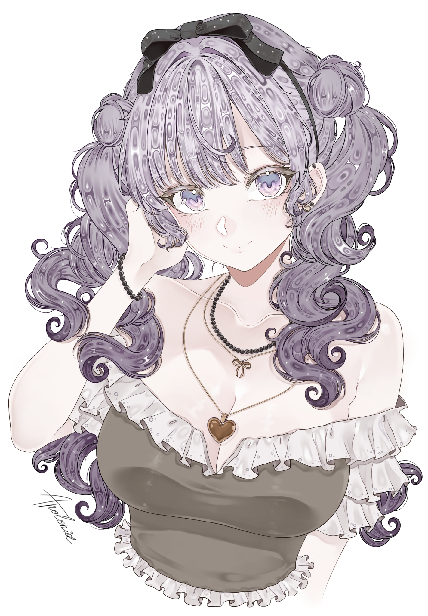 tsukumo kako, the hundred line -last defense academy-, highres, ibispaint (medium), self-upload, 1girl, apolonia-07, bare shoulders, blush, bow, breasts, hair ornament, jewelry, long hair, looking at viewer, necklace, purple eyes, purple hair, shirt, simple background, smile, solo, very long hair
