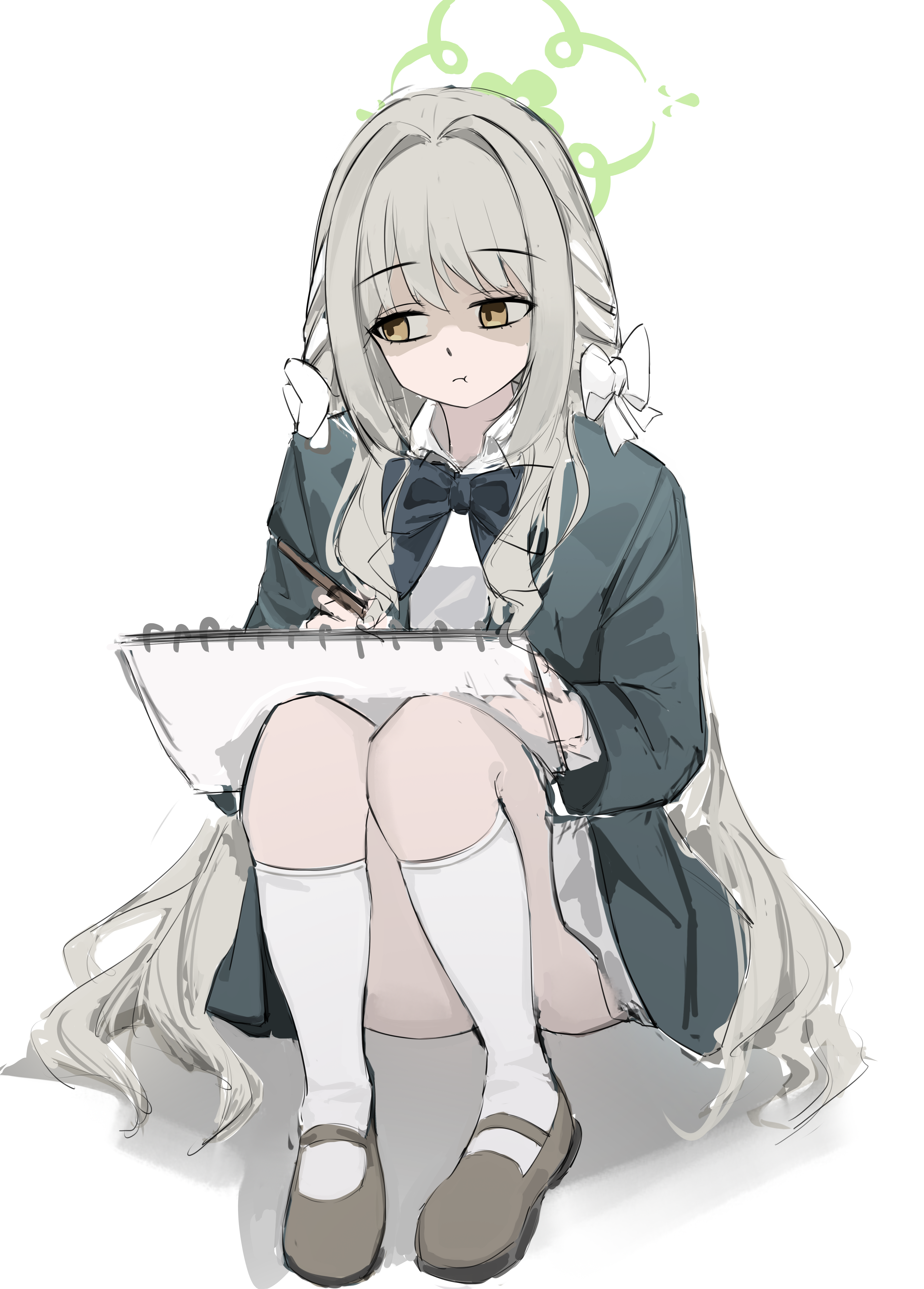nammmmer, miyo (blue archive), blue archive, absurdres, commentary, highres, 1girl, :t, black bow, black bowtie, bow, bowtie, braid, brown shoes, closed mouth, collared shirt, convenient leg, full body, green halo, green jacket, hair between eyes, hair bow, hair intakes, halo, holding, holding pen, jacket, kneehighs, loafers, long hair, long sleeves, looking to the side, open clothes, open jacket, pen, pout, school uniform, shaded face, shirt, shoes, side braids, simple background, sitting, sketch, sketchbook, socks, solo, tsurime, very long hair, white background, white bow, white shirt, white socks, yellow eyes
