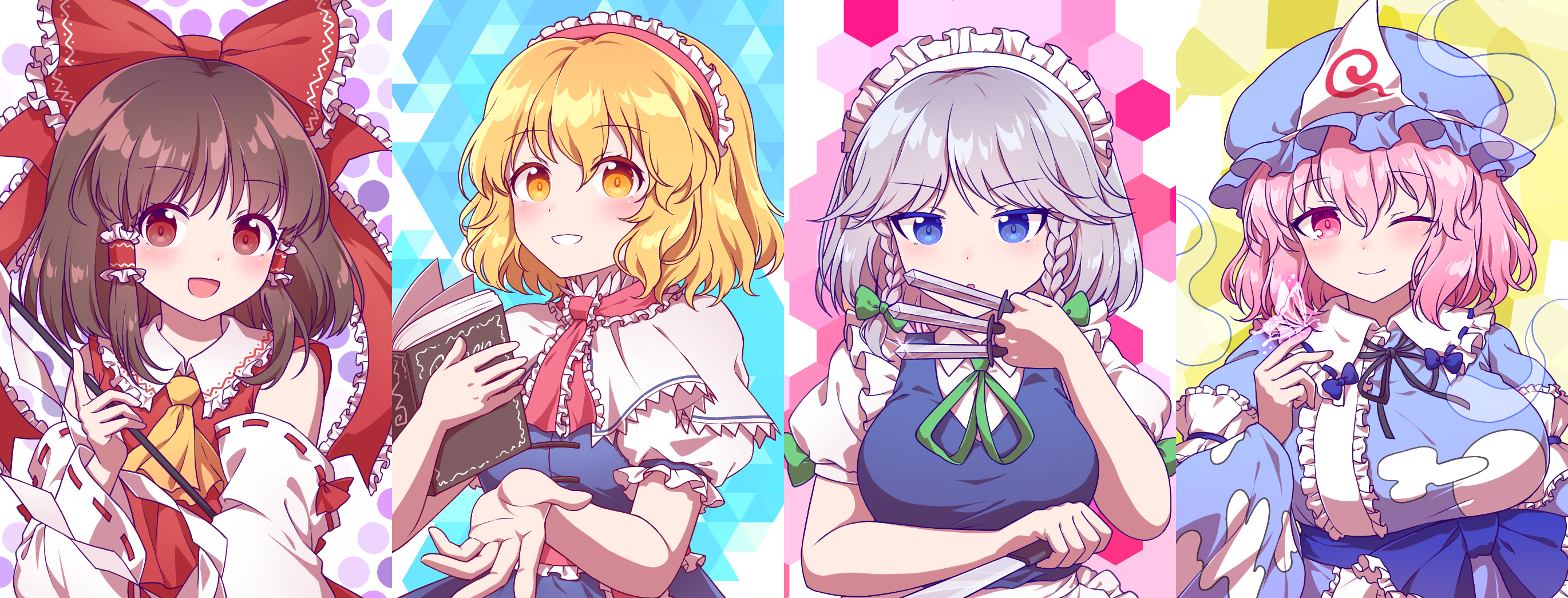 kaoling, alice margatroid, hakurei reimu, izayoi sakuya, saigyouji yuyuko, imperishable night, touhou, commentary request, highres, 4girls, ascot, between fingers, blonde hair, blue dress, blue eyes, blue kimono, blue ribbon, blush, book, bow, braid, breasts, brown hair, capelet, closed mouth, detached sleeves, dress, frilled bow, frilled hair tubes, frilled kimono, frills, gohei, green bow, green ribbon, grey hair, hair bow, hair tubes, hairband, hat, hitodama, holding, holding book, holding gohei, holding knife, japanese clothes, kimono, knife, knives between fingers, long hair, long sleeves, looking at viewer, maid, maid headdress, mob cap, multiple girls, neck ribbon, one eye closed, open mouth, pink eyes, pink hair, pink hairband, puffy short sleeves, puffy sleeves, red bow, red eyes, ribbon, ribbon-trimmed sleeves, ribbon trim, short sleeves, sleeve garter, smile, triangular headpiece, twin braids, white capelet, wide sleeves, yellow ascot, yellow eyes