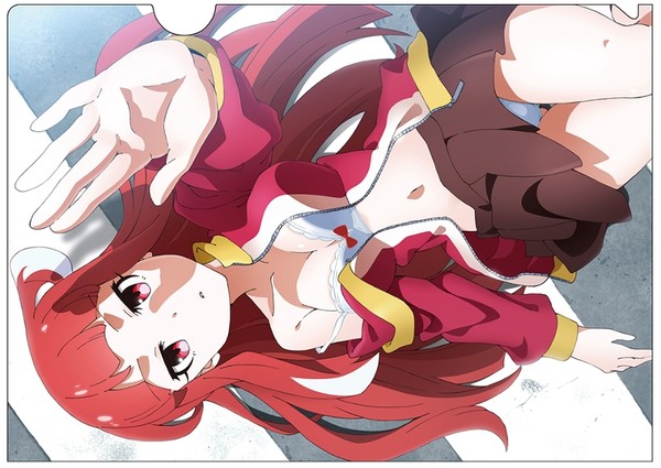 mayonaka matome, akiba's trip, akiba's trip the animation, artist request, official art, 1girl, bra, breasts, brown skirt, clear file (medium), cleavage, crosswalk, from above, jacket, long hair, looking afar, lying, medium breasts, miniskirt, multicolored hair, navel, off shoulder, on back, open clothes, open jacket, outdoors, outstretched arm, outstretched hand, panties, pantyshot, parted lips, pleated skirt, reaching, red eyes, red hair, skirt, solo, track jacket, two-tone hair, underwear, white bra, white panties