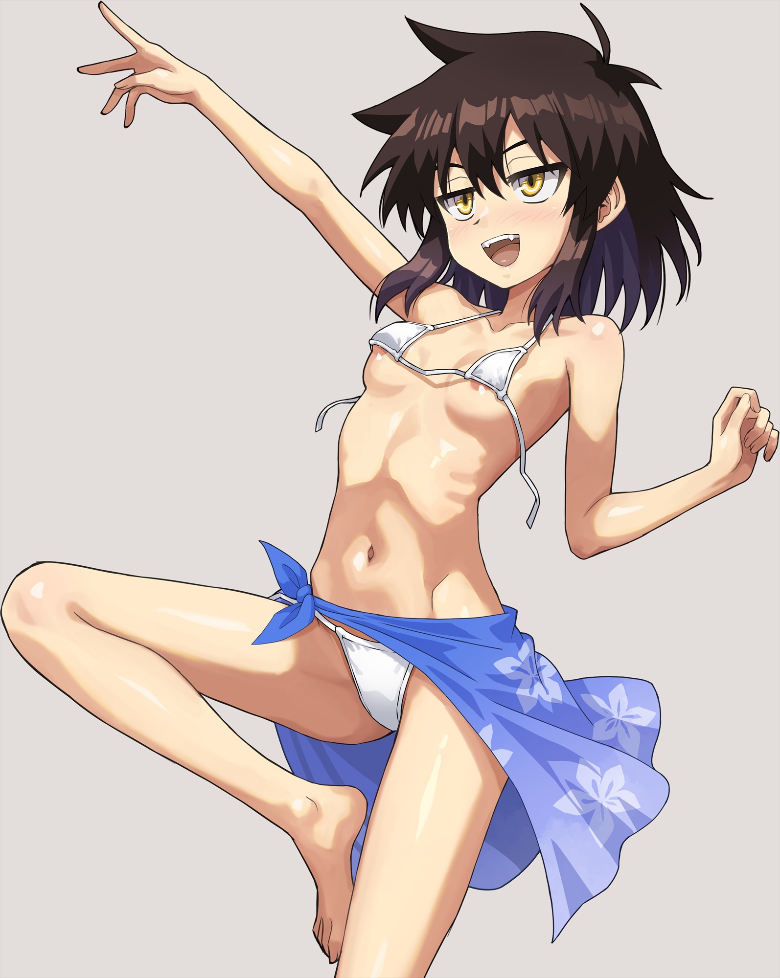 onimushi hyogo, commentary, highres, symbol-only commentary, 1girl, areola slip, bare arms, bare shoulders, barefoot, bikini, black hair, blue sarong, breasts, cowboy shot, grey background, haruka naru enkei sekai, inui koi, jitome, leg up, navel, open mouth, outstretched arm, ribs, sarong, short hair, simple background, small breasts, smile, solo, standing, standing on one leg, swimsuit, teeth, untied bikini top, upper teeth only, v-shaped eyebrows, white bikini, yellow eyes