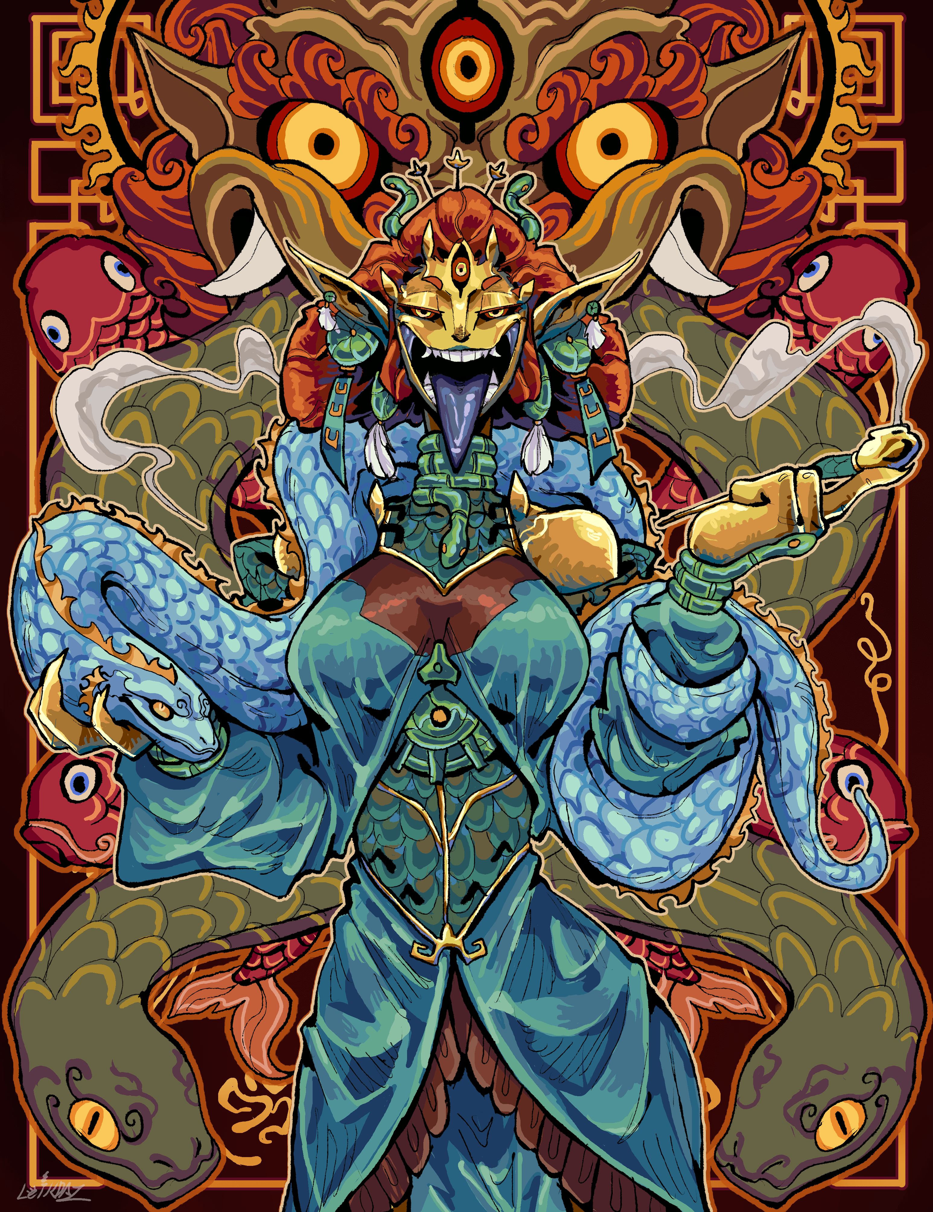 leikdaz22, absurdres, highres, tagme, 1girl, big mouth, blue skin, breasts, colored skin, large breasts, long tongue, looking at viewer, tongue