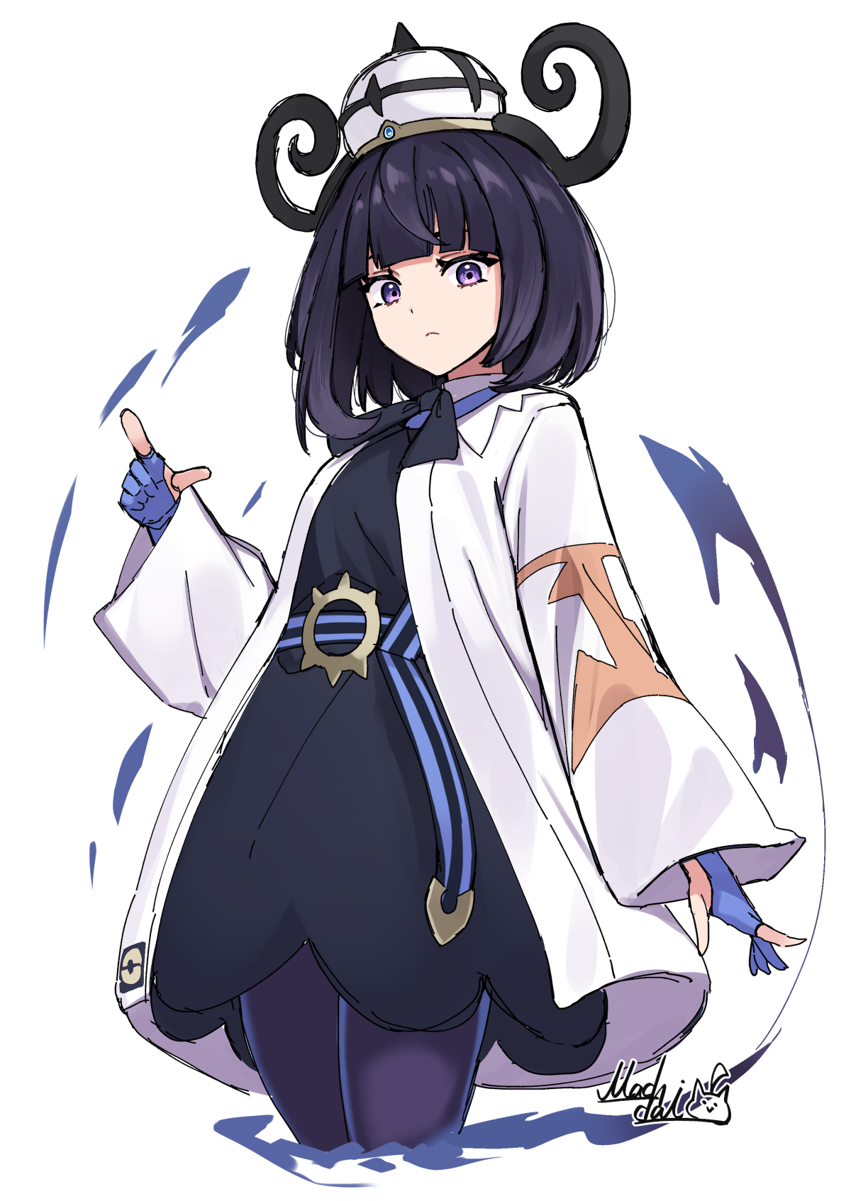 mahcdai, gwynn (pokemon), nintendo, pokemon, pokemon legends: z-a, highres, 1girl, artist name, belt, belt buckle, black dress, bob cut, buckle, closed mouth, coat, cowboy shot, dress, gloves, hat, long sleeves, looking at viewer, o-ring, o-ring belt, open clothes, open coat, pantyhose, partially fingerless gloves, purple eyes, purple hair, short hair, signature, solo, white coat, white hat