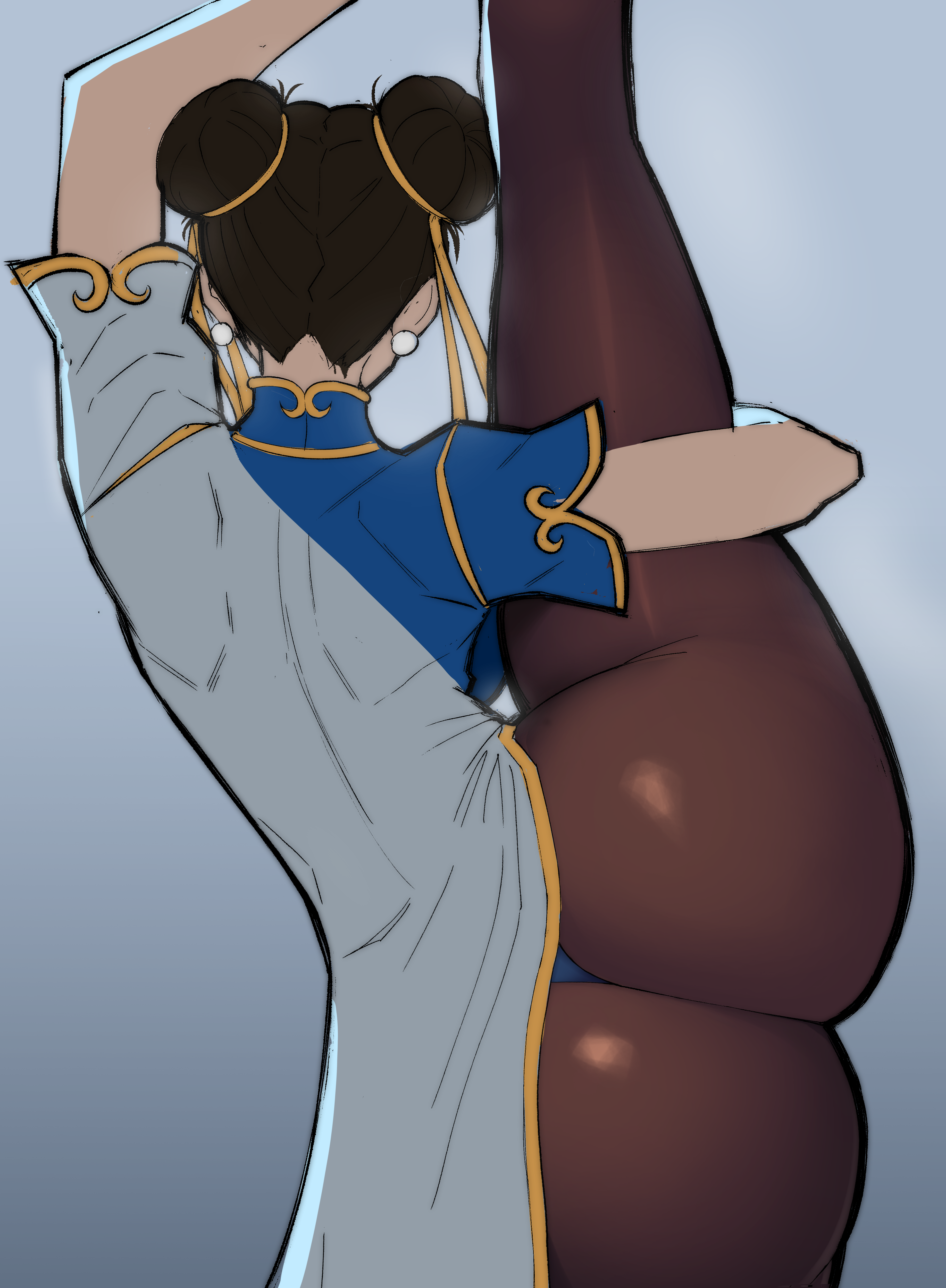 chun-li, capcom, street fighter, absurdres, highres, 1girl, ass, dress, earrings, jewelry, pantyhose, split, standing, standing on one leg, standing split, thong, xullandvoid