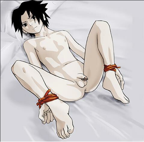 uchiha sasuke, naruto (classic), naruto (series), artist request, lowres, 1boy, anus, bdsm, bondage, bound, censored, flaccid, lying, male focus, nude, penis, pointless censoring, rape, shota, solo, spread legs, you gonna get raped