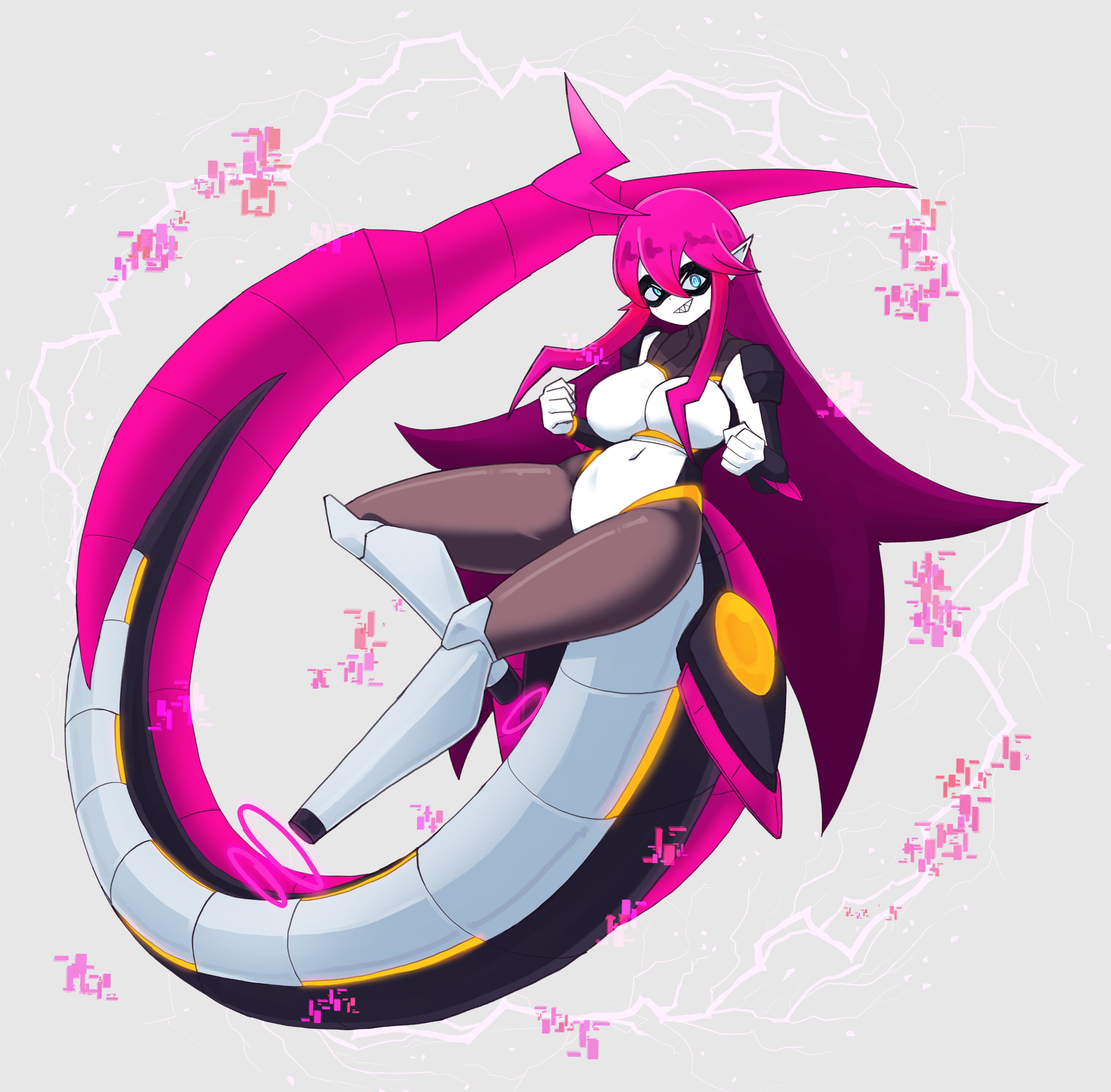 doce, original, absurdres, highres, 1girl, ahoge, android, armor, blue eyes, border, clenched hands, colored skin, female focus, full body, grin, hair between eyes, large tail, long hair, looking at viewer, mask, mechanical legs, navel, pink hair, pointy ears, sharp teeth, smile, solo, tail, teeth, turtleneck, white background, white skin