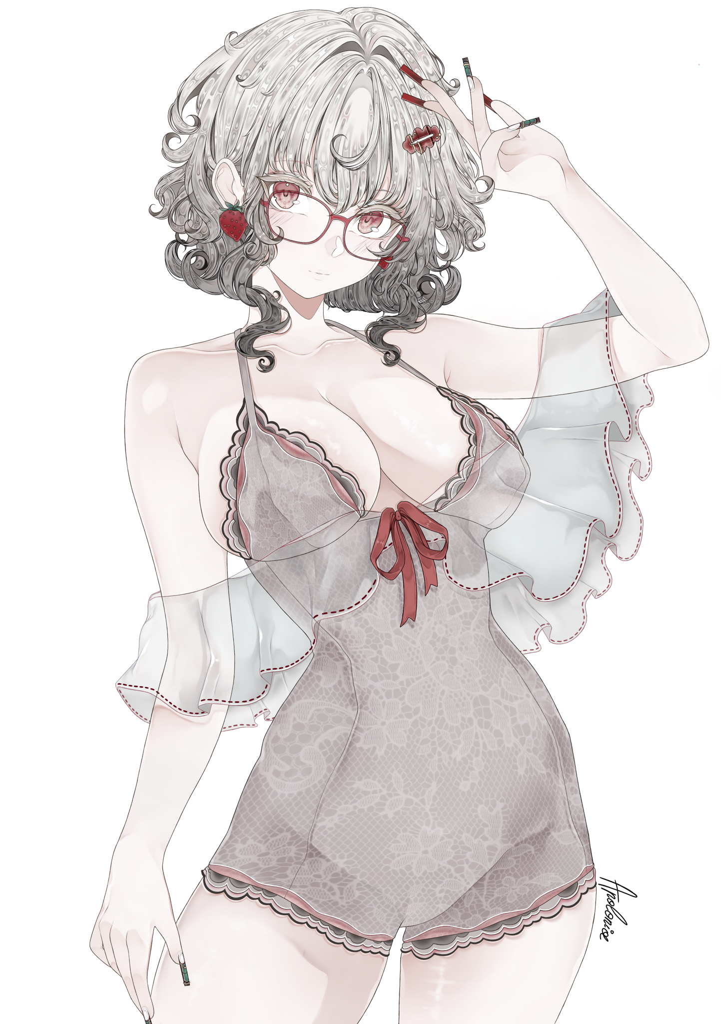 original, highres, 1girl, apolonia-07, bare shoulders, blush, breasts, closed mouth, earrings, fingernails, glasses, grey hair, jewelry, lace, lingerie, long fingernails, looking at viewer, red eyes, short hair, simple background, standing, underwear, upper body, white hair