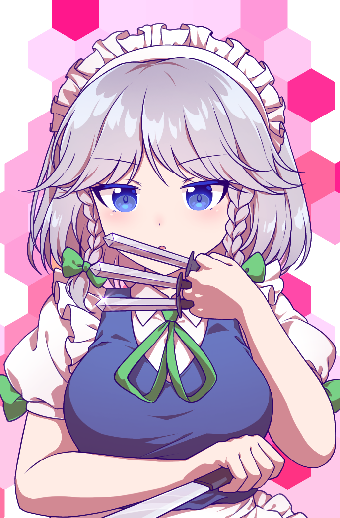 kaoling, izayoi sakuya, imperishable night, touhou, commentary request, 1girl, apron, between fingers, blue eyes, bow, braid, breasts, glint, green bow, grey hair, hair bow, holding, holding knife, knife, knives between fingers, long hair, looking at viewer, maid, maid headdress, open mouth, puffy short sleeves, puffy sleeves, short sleeves, solo, twin braids, waist apron, white apron