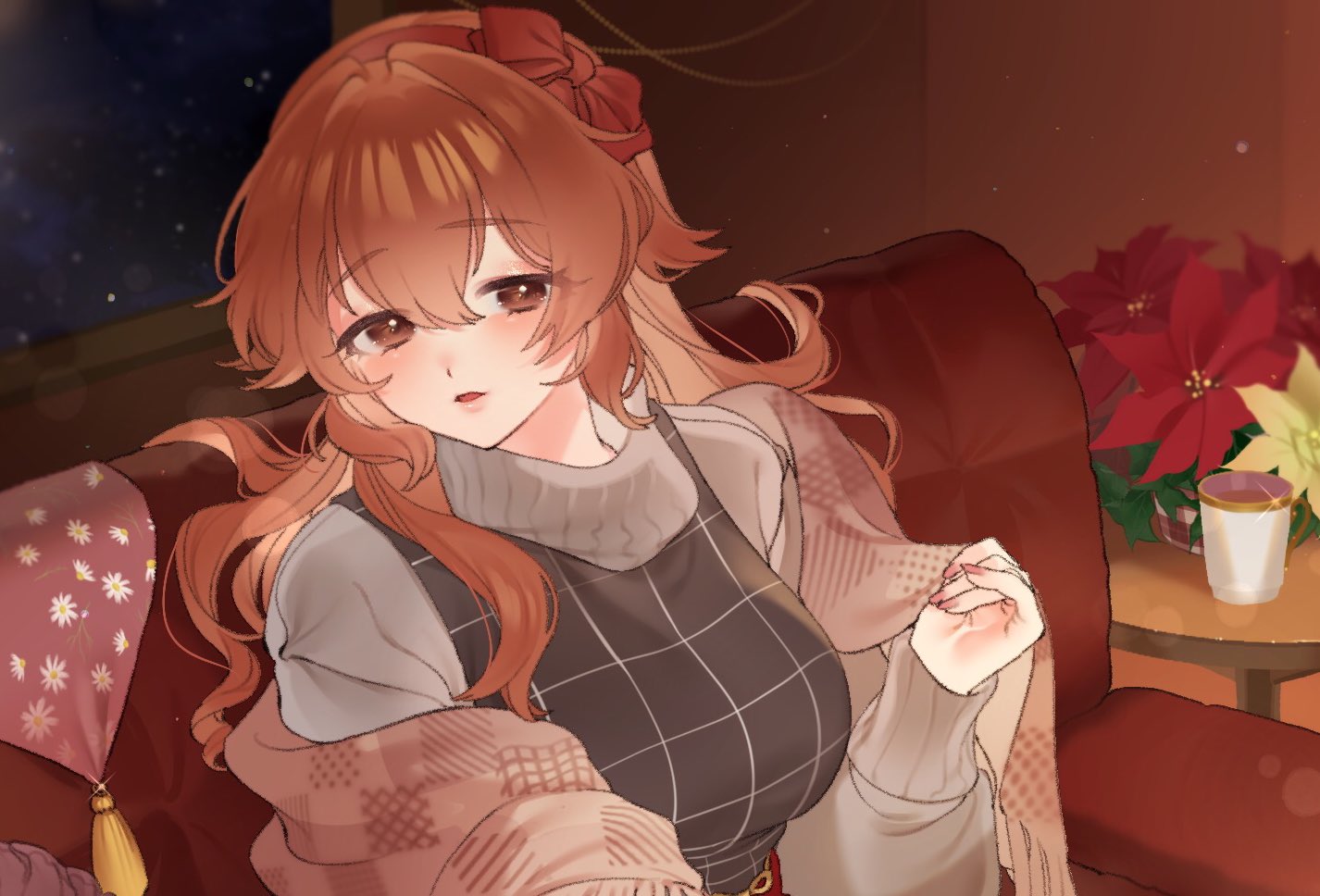 eikura hana, original, fluffy hair, commission, skeb commission, 1girl, black dress, blush, bouquet, bow, bow hairband, brown eyes, brown shawl, checkered clothes, checkered dress, couch, cup, double-parted bangs, dress, flower, garland (decoration), grey sweater, hair between eyes, hair flowing over, hairband, hand up, head tilt, holding shawl, indoors, long hair, long sleeves, looking at viewer, makeup, nail polish, night, off shoulder, on couch, parted lips, patterned, pinafore dress, pink nails, raised eyebrows, red bow, red flower, red hair, red hairband, shawl, sidelocks, sitting, sleeveless, sleeveless dress, snowing, solo, sweater, turtleneck, turtleneck sweater, wavy hair, window, yellow flower