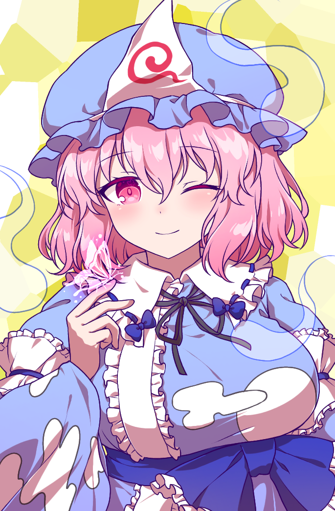 kaoling, saigyouji yuyuko, imperishable night, touhou, commentary request, 1girl, black ribbon, blue hat, blue kimono, blush, breasts, bug, butterfly, closed mouth, frilled kimono, frills, hat, hitodama, insect, japanese clothes, kimono, long sleeves, looking at viewer, mob cap, neck ribbon, one eye closed, pink butterfly, pink eyes, pink hair, print kimono, ribbon, sleeve garter, smile, solo, triangular headpiece, wide sleeves