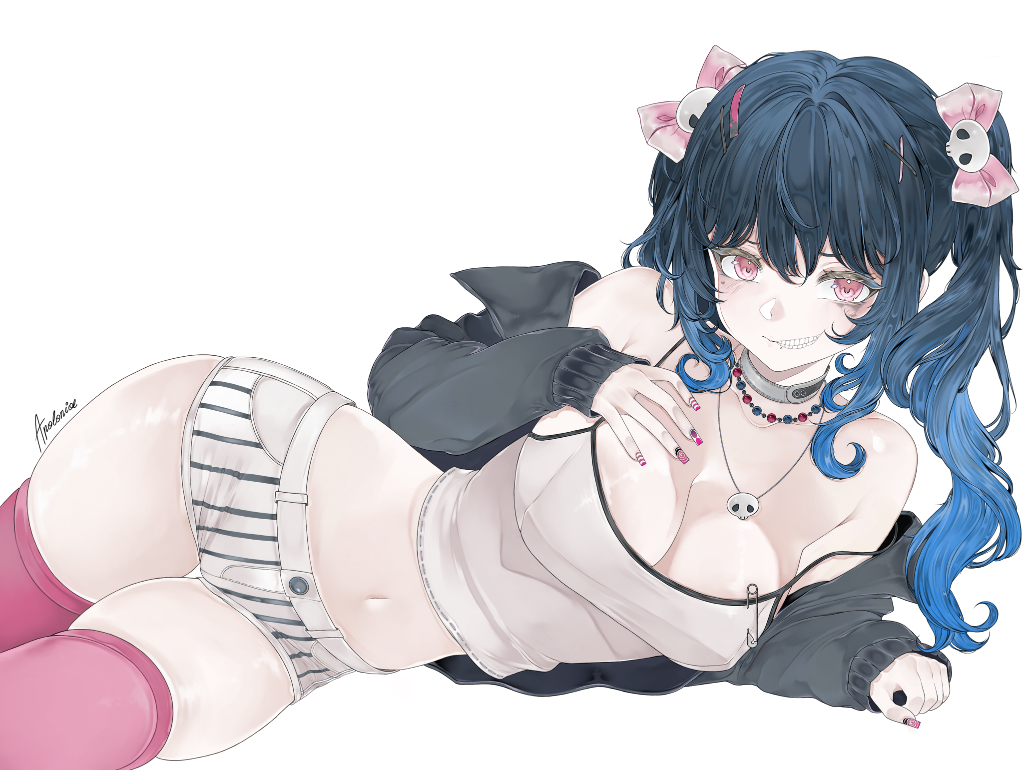 amemiya darumi, the hundred line -last defense academy-, duplicate, highres, ibispaint (medium), self-upload, 1girl, apolonia-07, bare shoulders, blue hair, blush, breasts, fingernails, hair ornament, hood, hoodie, jewelry, large breasts, long hair, looking at viewer, multicolored hair, pink eyes, simple background, thighhighs, twintails