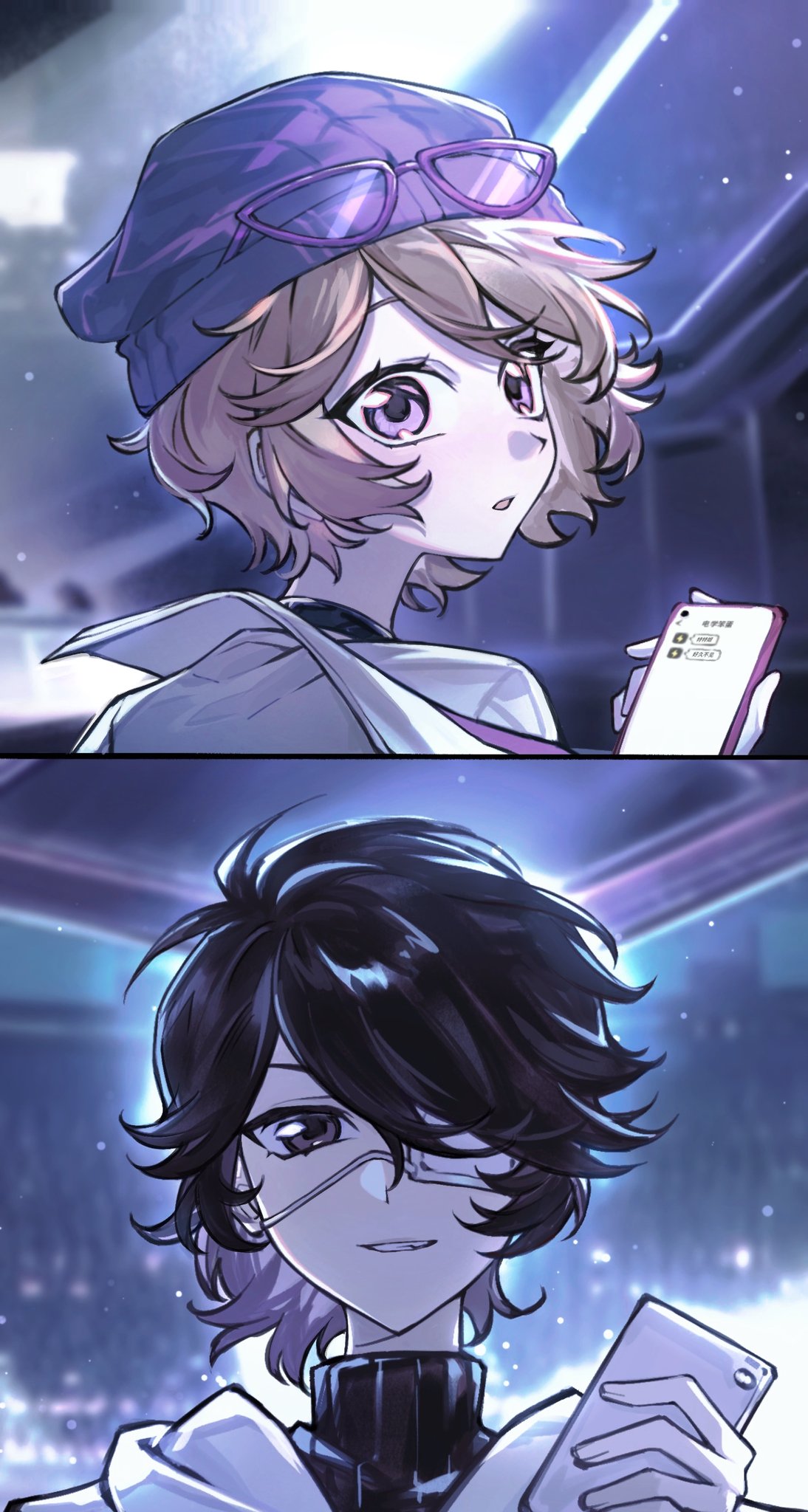 8gy2pesjef33878, luca balsa, luca balsa (oph.luca), tracy reznik, tracy reznik (blk.tracy), identity v, highres, 1boy, 1girl, backlighting, beanie, blonde hair, brown eyes, brown hair, eyepatch, eyewear on headwear, hair between eyes, hat, holding, holding phone, hood, hoodie, looking at viewer, medical eyepatch, official alternate costume, pale skin, parted lips, phone, portrait, purple-framed eyewear, purple eyes, purple hat, short hair, turtleneck, white hoodie