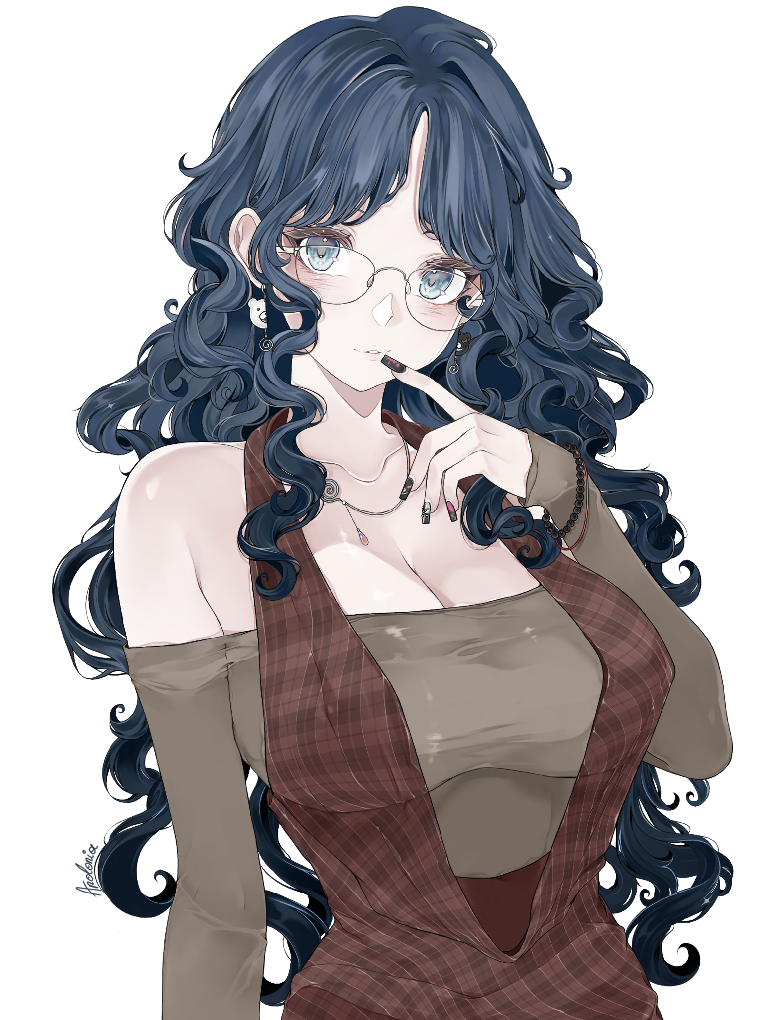 shirogane tsumugi, danganronpa (series), danganronpa v3: killing harmony, highres, ibispaint (medium), 1girl, apolonia-07, blue eyes, blue hair, blush, breasts, earrings, fingernails, glasses, jewelry, large breasts, long hair, long sleeves, looking at viewer, open mouth, simple background, smile