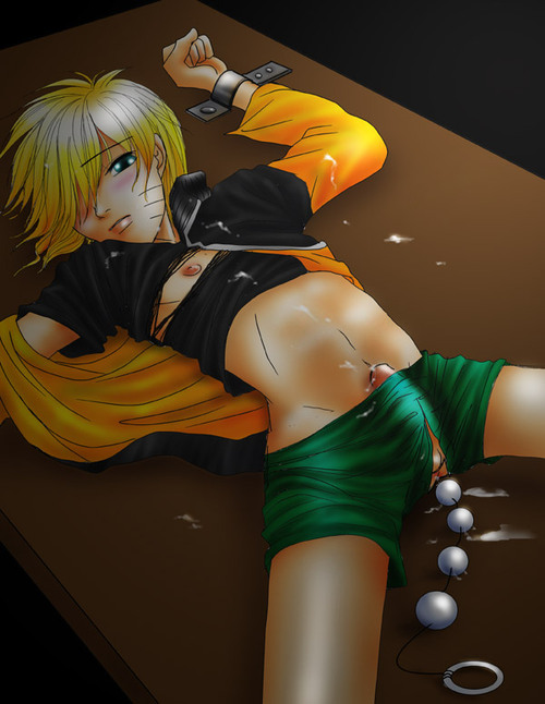 uzumaki naruto, naruto (classic), naruto (series), artist request, 1boy, anal, anal beads, anal object insertion, blush, cum, cum on body, desk, lying, male focus, male penetrated, nipples, object insertion, on back, on desk, penis, rape, restrained, sex toy, shota, sitting, solo, strapped down, table, torn clothes