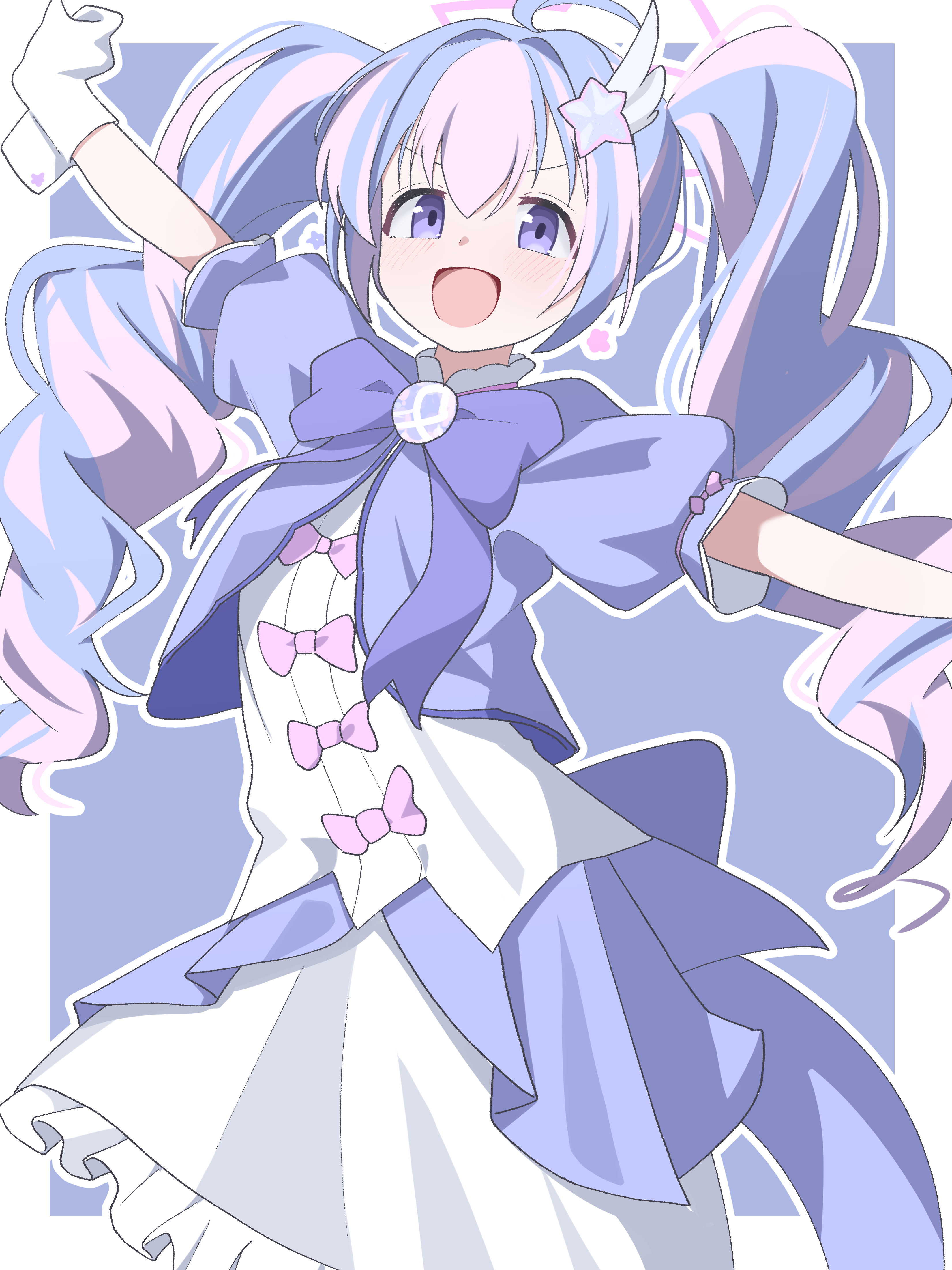 aikawa yuduki, reisa (blue archive), reisa (magical) (blue archive), blue archive, absurdres, commentary request, highres, 1girl, :d, ahoge, blue background, blue dress, blue hair, blush, border, bow, bowtie, cowboy shot, dress, dress bow, drill hair, eyebrows hidden by hair, frilled dress, frills, gloves, hair between eyes, hair ornament, halo, long hair, looking at viewer, magical girl, multicolored hair, official alternate costume, official alternate hairstyle, open mouth, outline, outside border, outstretched arms, pink bow, pink hair, pink halo, puffy short sleeves, puffy sleeves, purple bow, purple bowtie, purple eyes, short sleeves, simple background, sleeve bow, smile, solo, star (symbol), star hair ornament, streaked hair, tareme, twin drills, twintails, two-tone dress, two-tone hair, v-shaped eyebrows, very long hair, white border, white dress, white gloves, white outline, wing hair ornament