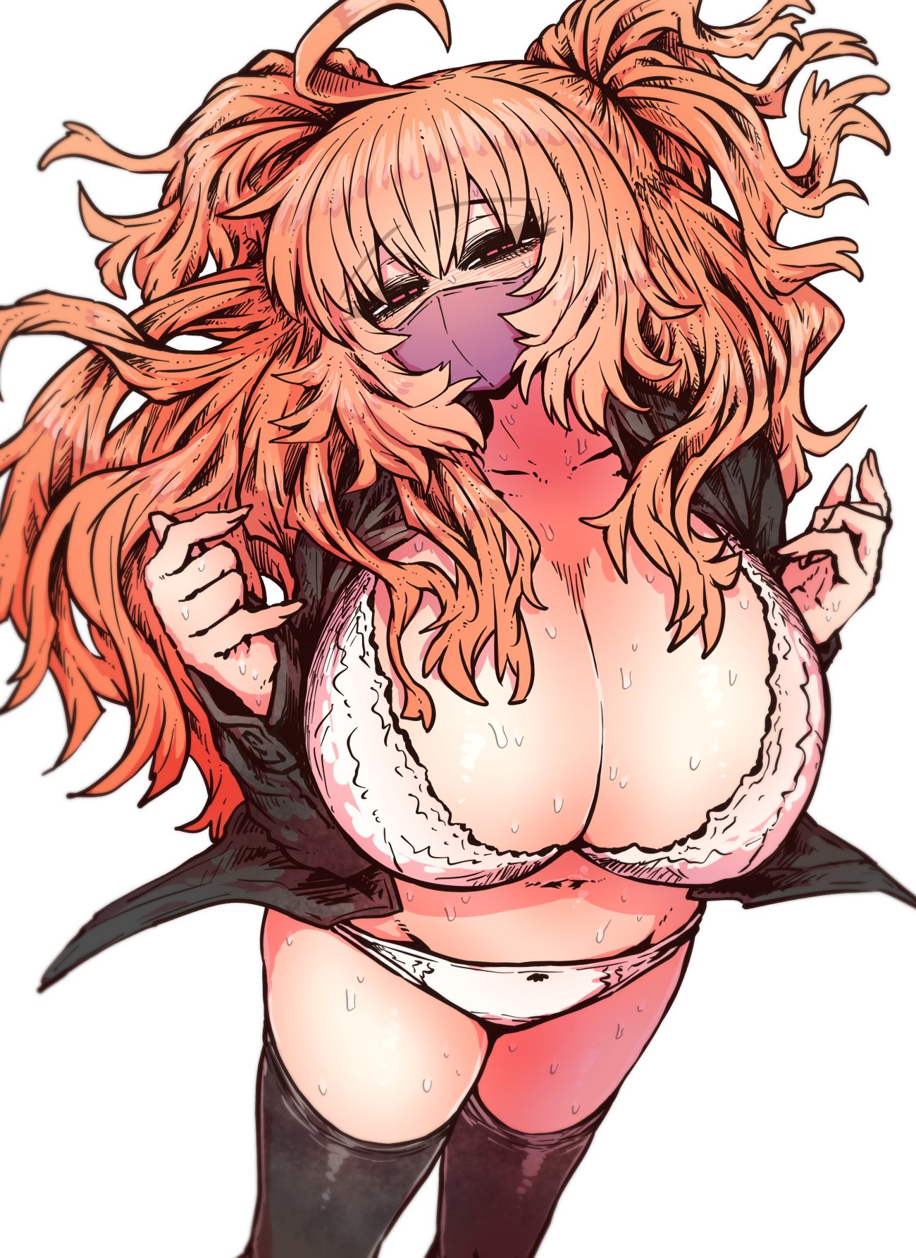 zyugoya, highres, 1girl, ahoge, aroused, black jacket, black mask, black thighhighs, blonde hair, bra, breasts, cleavage, covered mouth, hair between eyes, huge breasts, jacket, large breasts, long hair, long sleeves, looking at viewer, mask, mouth mask, open clothes, open jacket, panties, sasagi mia, shirt, simple background, solo, ss kabushikigaisha, sweat, thighhighs, twintails, underwear, very long hair, white background, white bra, white panties