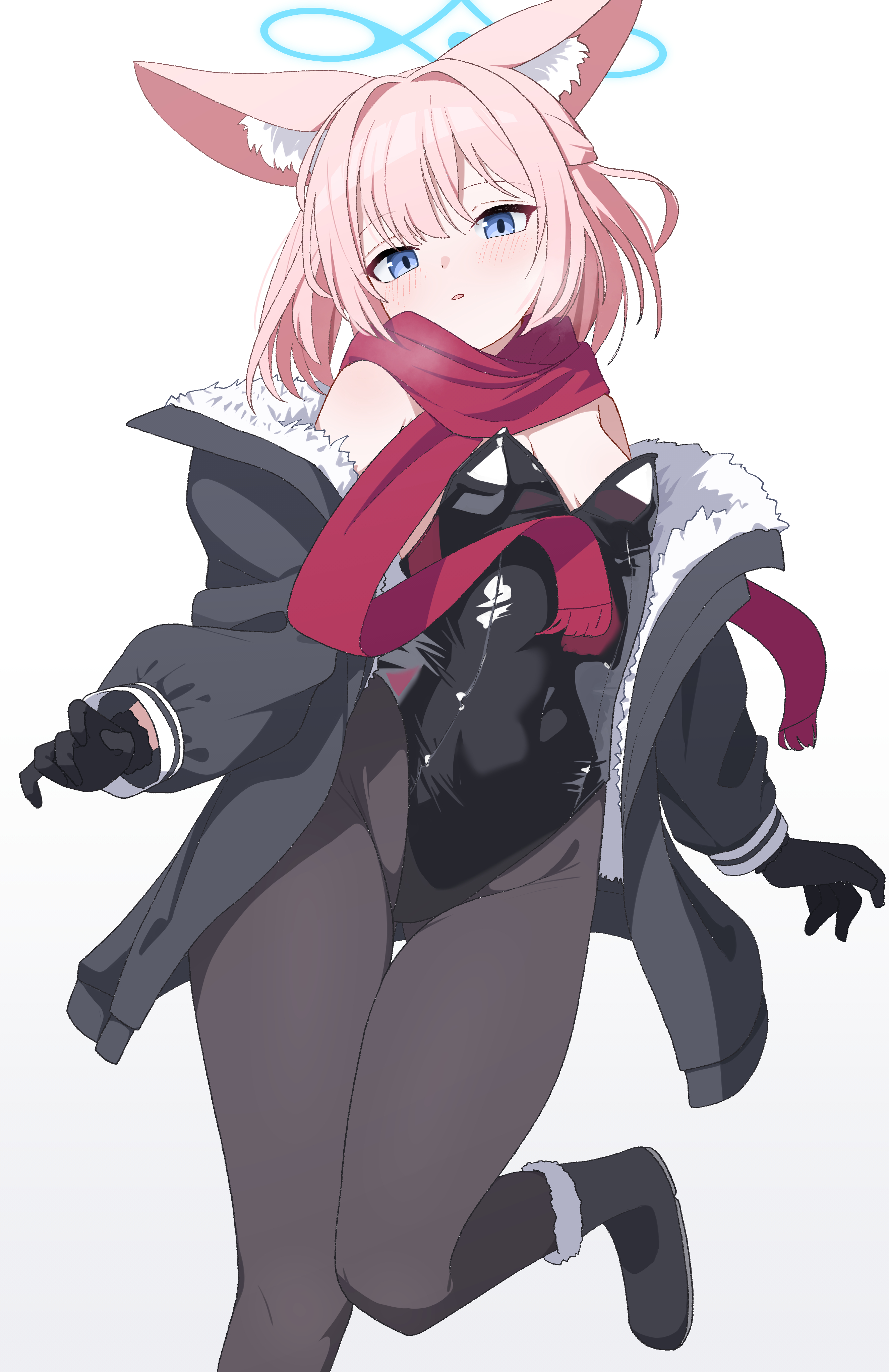 aikawa yuduki, niko (blue archive), blue archive, absurdres, commentary request, highres, 1girl, alternate costume, animal ear fluff, animal ears, bare shoulders, black boots, black gloves, black jacket, black leotard, black pantyhose, blue eyes, blue halo, blush, boots, breasts, breath, foot out of frame, fox ears, fox girl, fringe trim, fur-trimmed boots, fur-trimmed jacket, fur trim, gloves, gluteal fold, groin, hair intakes, half updo, halo, highleg, highleg leotard, jacket, leotard, long sleeves, looking at viewer, medium hair, nail polish, open clothes, open jacket, open mouth, pantyhose, pink hair, playboy bunny, red scarf, scarf, simple background, small breasts, solo, standing, standing on one leg, straight hair, strapless, strapless leotard, thigh gap, thighs, white background, winter clothes