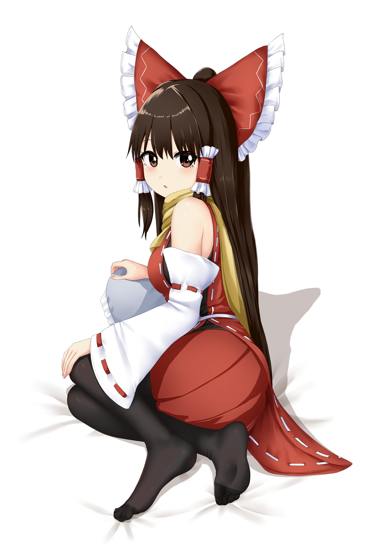 doge (jkdoge), hakurei reimu, touhou, commentary, highres, variant set, 1girl, ascot, black pantyhose, bow, brown eyes, brown hair, detached sleeves, frilled bow, frilled hair tubes, frills, hair bow, hair tubes, long hair, looking at viewer, open mouth, pantyhose, red bow, red skirt, ribbon-trimmed sleeves, ribbon trim, scarf, skirt, skirt set, solo, yellow ascot, yellow scarf