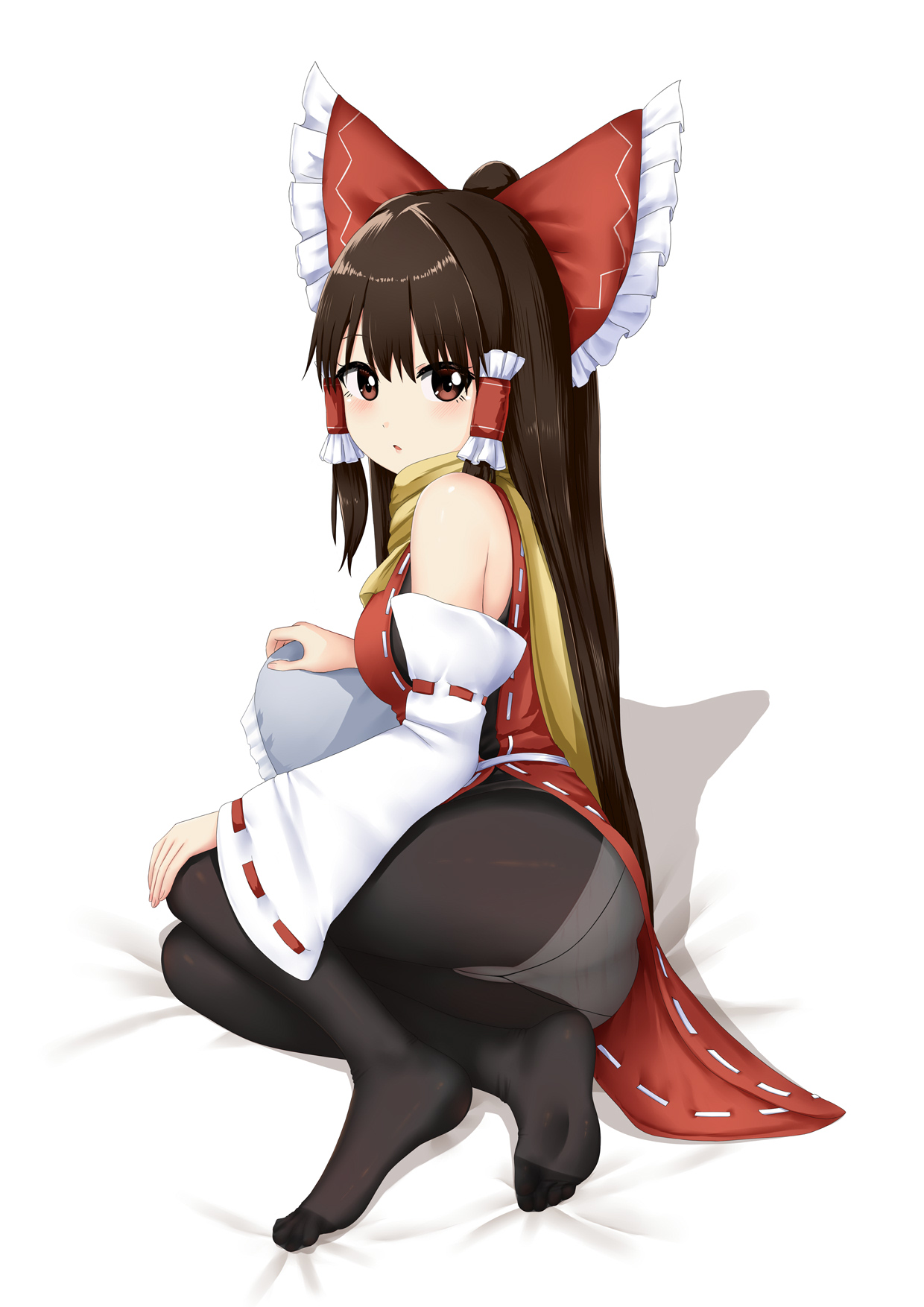 doge (jkdoge), hakurei reimu, touhou, commentary, highres, variant set, 1girl, ascot, black pantyhose, bow, brown eyes, brown hair, detached sleeves, frilled bow, frilled hair tubes, frills, hair bow, hair tubes, long hair, looking at viewer, open mouth, panties, panties under pantyhose, pantyhose, red bow, ribbon-trimmed sleeves, ribbon trim, scarf, solo, underwear, white panties, yellow ascot, yellow scarf