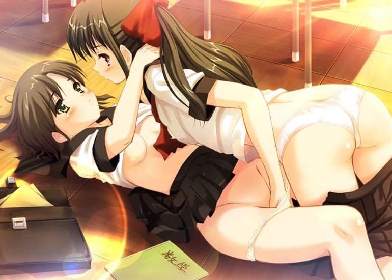 tougarashi hideyu, tagme, 2girls, ass, bag, black skirt, blush, book, bow, breasts, brown hair, classroom, clothes lift, clothes pull, eye contact, fingering, hair bow, hand in panties, indoors, lens flare, looking at another, lying, multiple girls, no bra, on back, on floor, panties, panty pull, pleated skirt, red bow, school, school bag, school uniform, serafuku, shirt lift, sidelocks, skirt, skirt around belly, skirt pull, small breasts, textbook, tile floor, tiles, underwear, white panties, yuri