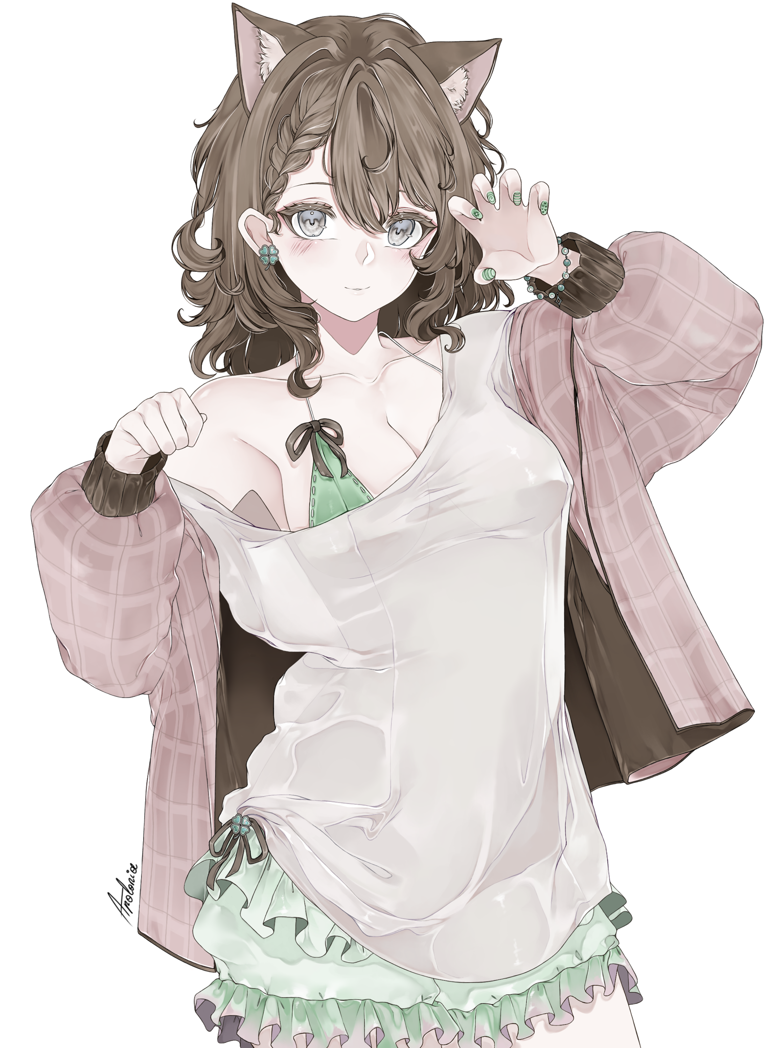 hanasato minori, project sekai, highres, ibispaint (medium), 1girl, animal ears, apolonia-07, blush, brown hair, cat ears, cat girl, colorful festival (project sekai), earrings, fingernails, grey eyes, jewelry, long sleeves, shirt, shorts, simple background, smile, white shirt