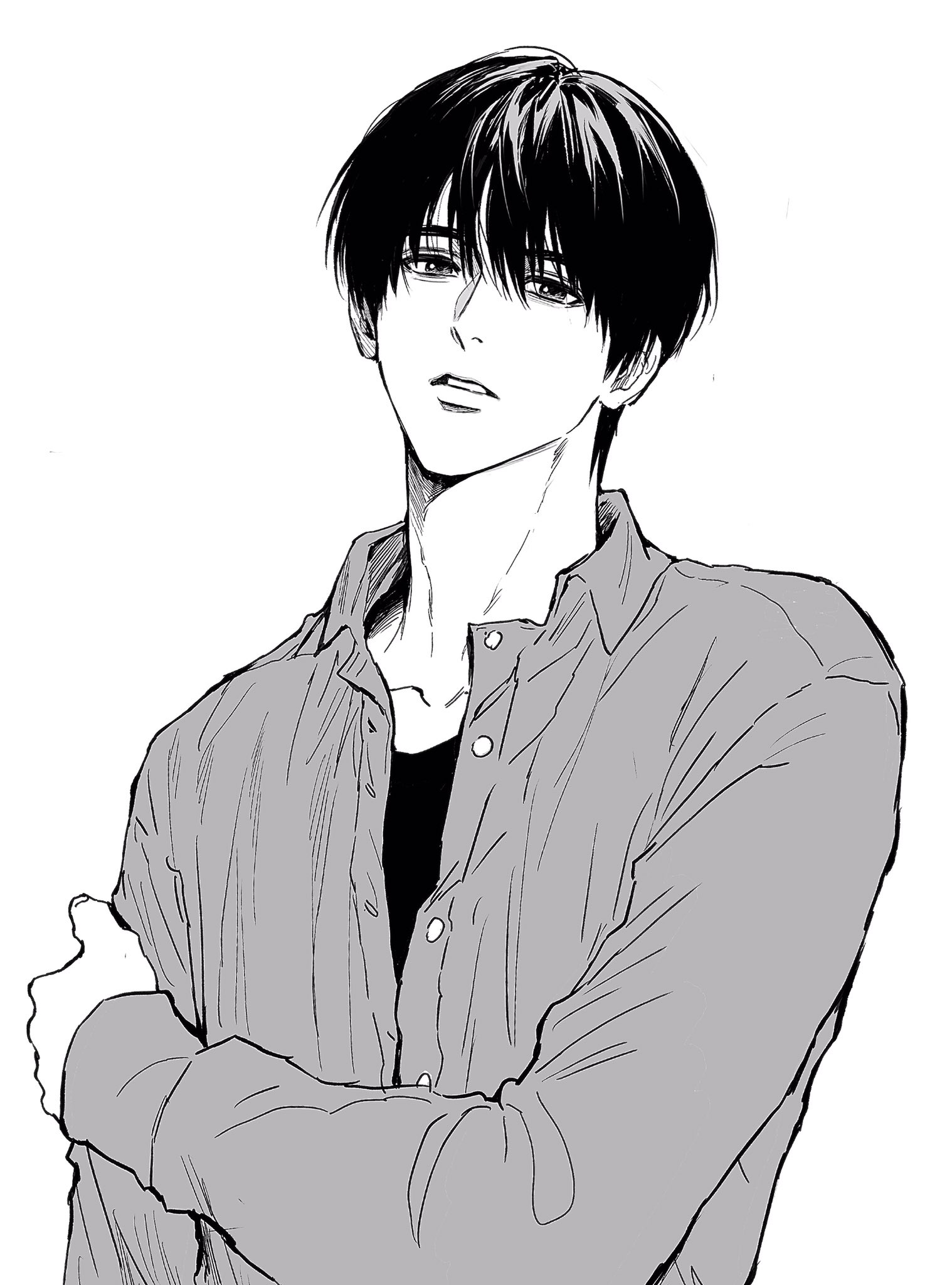 sso s, character request, copyright request, highres, buttons, collarbone, collared shirt, long sleeves, looking at viewer, shirt, short hair, simple background, teeth, unbuttoned, upper body, white background