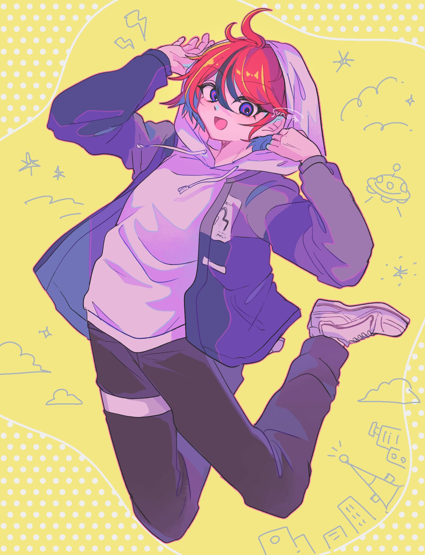 sumino takumi, the hundred line -last defense academy-, commentary, highres, 1boy, :d, adjusting hood, ahoge, arms up, artist name, black pants, black streaks, blue eyes, drawstring, grey jacket, hood, hood up, hoodie, jacket, jacket over hoodie, jumping, looking at viewer, male focus, multicolored hair, multicolored jacket, open clothes, open jacket, open mouth, pants, red hair, ringed eyes, shoes, short hair, smile, solo, streaked hair, sunodadada, two-tone jacket, white hoodie, white shoes, yellow background