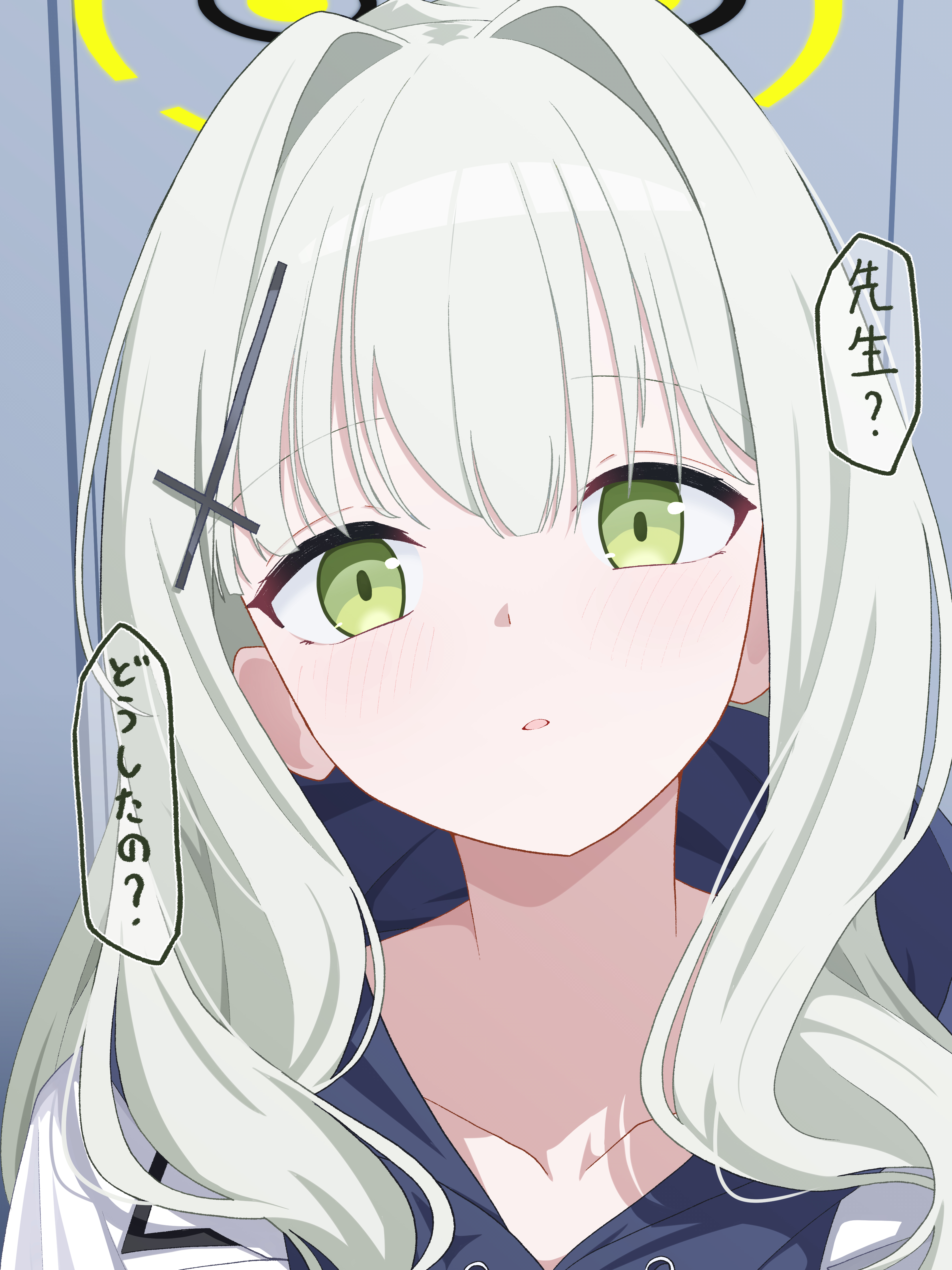 aikawa yuduki, hare (blue archive), blue archive, absurdres, commentary, highres, translated, 1girl, blunt bangs, blush, collarbone, cross, cross hair ornament, green eyes, grey hair, hair between eyes, hair intakes, hair ornament, hair over shoulder, halo, hood, hood down, hooded jacket, inverted cross, jacket, long hair, looking at viewer, open mouth, portrait, solo, speech bubble, white jacket, yellow halo