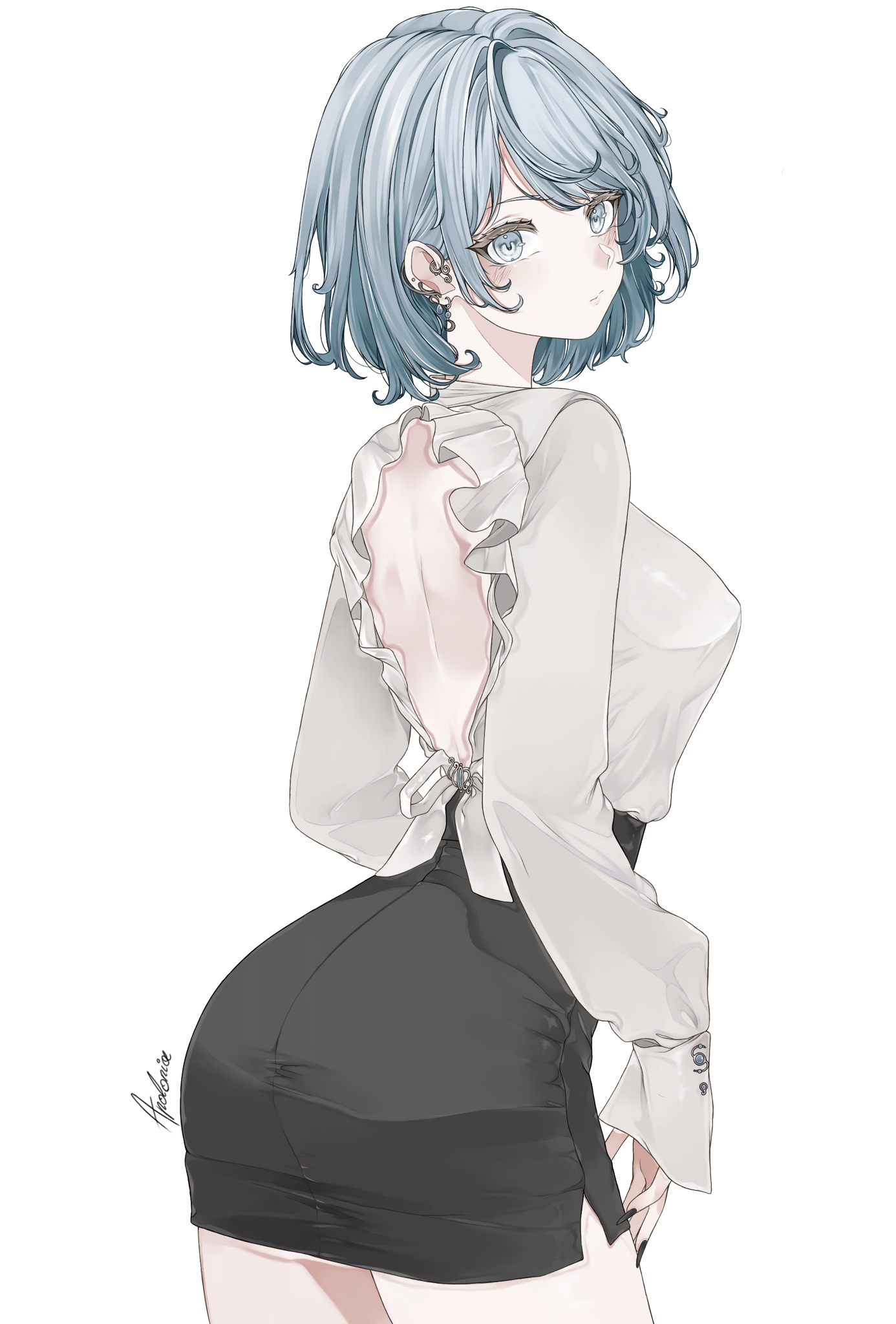 franziska von karma, ace attorney, ace attorney investigations, highres, ibispaint (medium), 1girl, apolonia-07, ass, back, backless outfit, black skirt, blue hair, breasts, earrings, from behind, jewelry, looking at viewer, looking back, short hair, simple background, skirt, solo