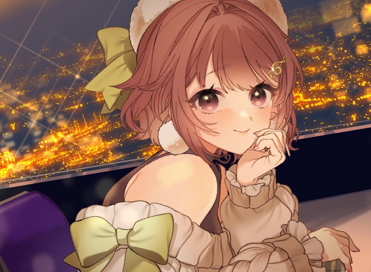 eikura hana, miori celesta, miori celesta (casual), indie virtual youtuber, 1girl, aran sweater, bare shoulders, beret, black shirt, blush, brown hair, cable knit, chair, city lights, cityscape, closed mouth, cup, drinking glass, earrings, elbows on table, fluffy clothes, fortissimo, frilled sleeves, frills, green ribbon, grey sweater, hair intakes, hair ornament, hand up, hat, head rest, holding, holding cup, indoors, jewelry, leaning forward, leaning on table, lens flare, long sleeves, looking at viewer, makeup, musical note, musical note hair ornament, nail polish, night, off-shoulder sweater, off shoulder, on chair, pink eyes, pink nails, pom pom (clothes), pom pom earrings, raised eyebrows, ribbon, ribbon-trimmed headwear, ribbon trim, shirt, short hair, sitting, sleeveless, sleeveless shirt, smile, solo, spaghetti strap, star (symbol), star in eye, sweater, swept bangs, symbol in eye, undershirt, wavy hair, white hat