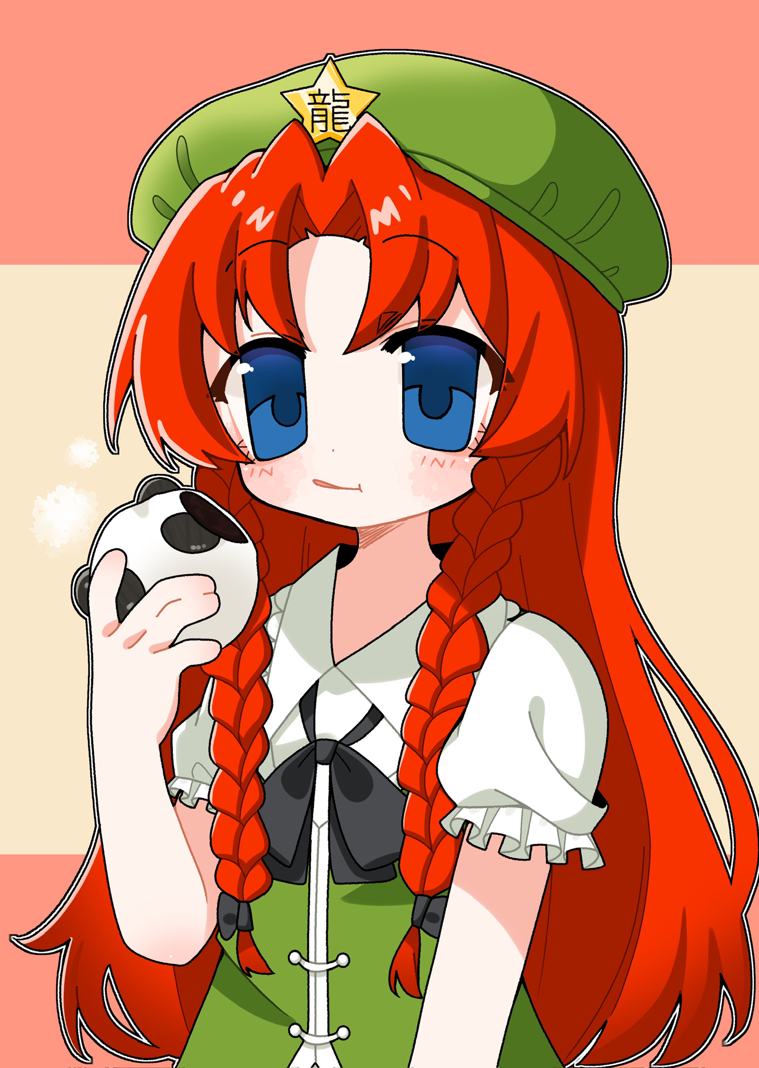aoiuna, hong meiling, touhou, commentary request, highres, 1girl, animal-themed food, blue eyes, bow, bowtie, braid, collared shirt, eating, food, frilled sleeves, frills, hair bow, hat, holding, holding food, licking lips, long hair, looking at viewer, parted bangs, red hair, shirt, short sleeves, side braids, solo, steamed bun, tongue, tongue out, upper body