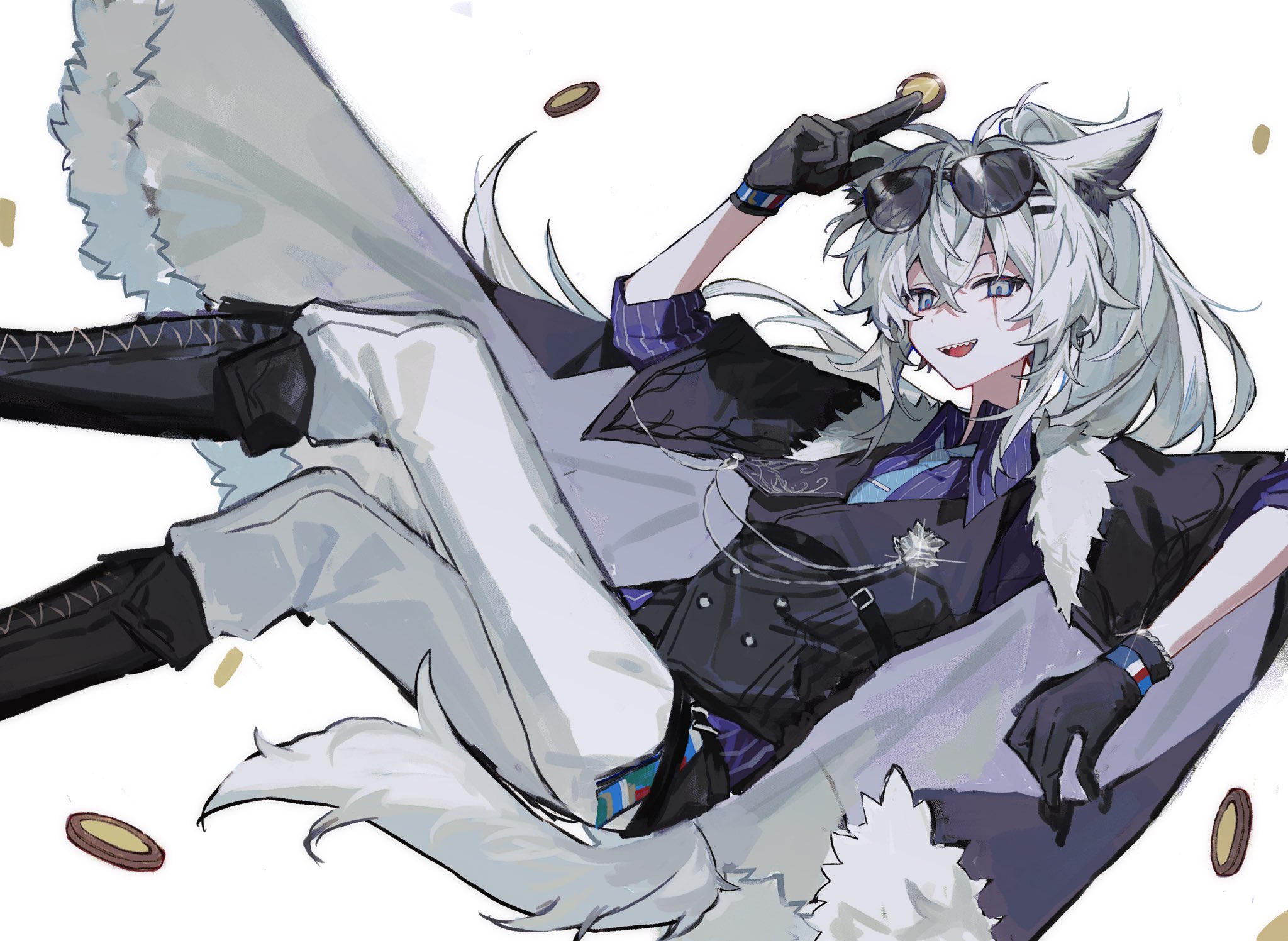 motoharu (motoharuuuu), lappland (arknights), arknights, highres, 1girl, animal ears, between fingers, black boots, black cape, black gloves, black vest, boots, cape, coin, collared shirt, eyewear on head, feet out of frame, gloves, grey cape, grey eyes, grey hair, grey tail, hair between eyes, hair ornament, hairclip, holding, holding coin, knee boots, long hair, looking at viewer, open mouth, pants, purple shirt, shirt, simple background, solo, sunglasses, tail, two-sided cape, two-sided fabric, vest, white background, white pants, wolf ears, wolf girl, wolf tail