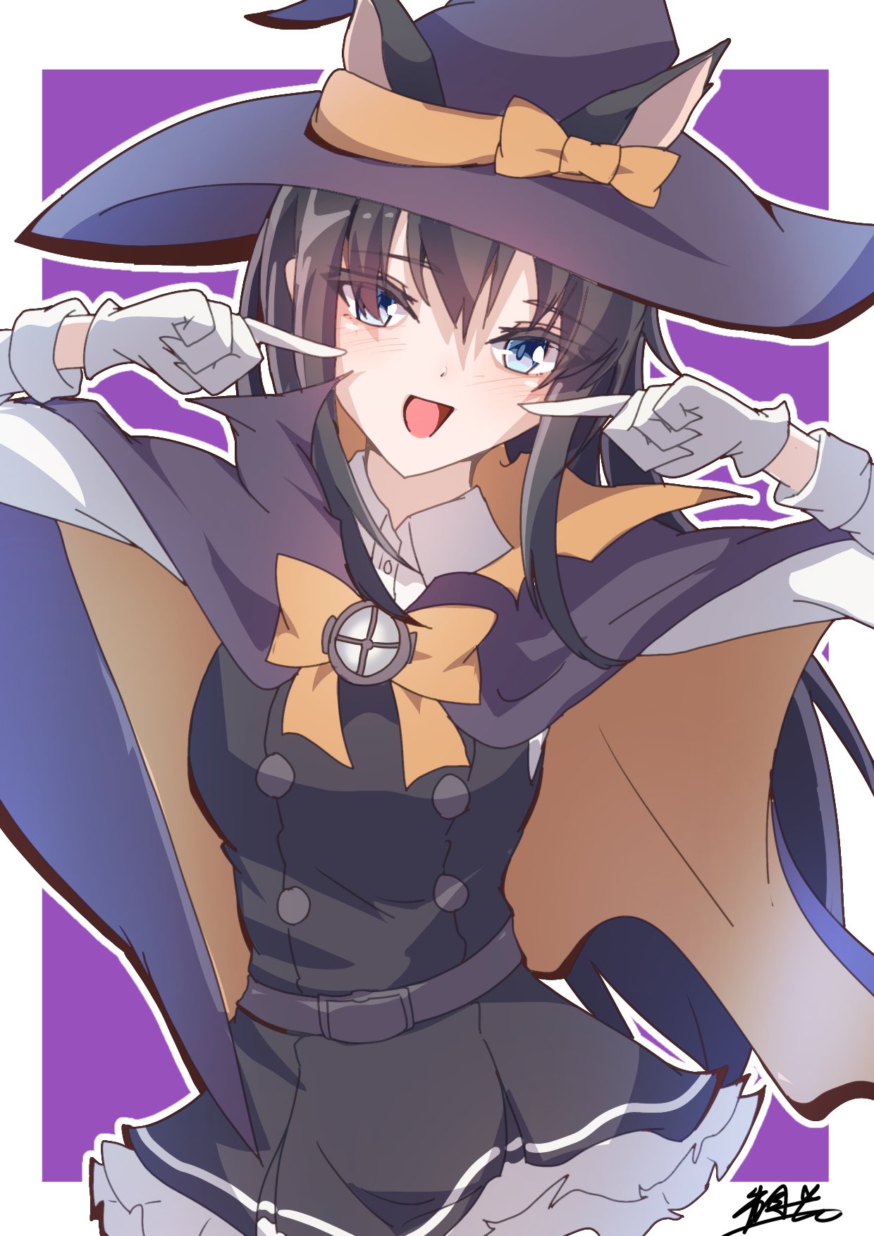akatsuki hikaru, asashio (halloween) (kancolle), asashio (kancolle), asashio kai ni (kancolle), kantai collection, highres, 1girl, animal ears, black cape, black hair, blue eyes, bow, bowtie, cape, cat ears, dress, gloves, halloween, halloween costume, hat, long hair, long sleeves, multicolored cape, open mouth, orange bow, orange bowtie, orange cape, orange cloak, pinafore dress, purple background, shirt, sleeveless, sleeveless dress, smile, upper body, white background, white gloves, white shirt, witch, witch hat